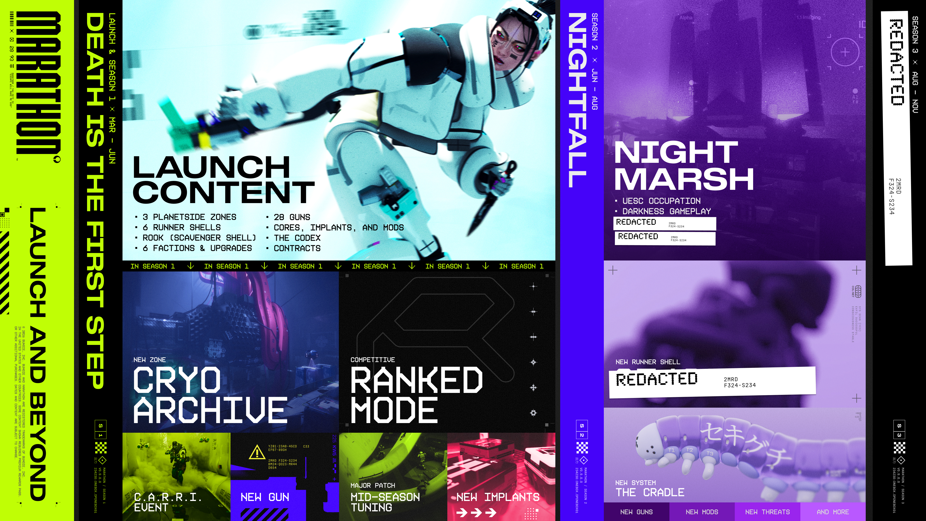 Montage collating content planned for Marathon's launch and beyond. It is divided in three sections: Launch & Season 1 (March to June), Season 2: Nightfall (June to August), and Season 3 (August to November). In the first section, Launch Content includes 3 planetside zones, 6 runner shells including Rook, 6 factions and upgrades, 28 guns, as well as cores, implants, and mods, the Codex, and contracts. Below this, Season 1 lists the new Cryo Archive zone, a competitive Ranked Mode, an event titled C.A.R.R.I., a new gun, a mid-season tuning major patch as well as new implants. In the second section, Season 2 is titled Nightfall and includes Night Marsh, UESC occupation, Darkness gameplay, a new runner shell whose name is redacted, some additional redacted items, a new system called The Cradle, as well as new guns, new mods, new threats, and more. In the last section, all Season 3 items are redacted.
