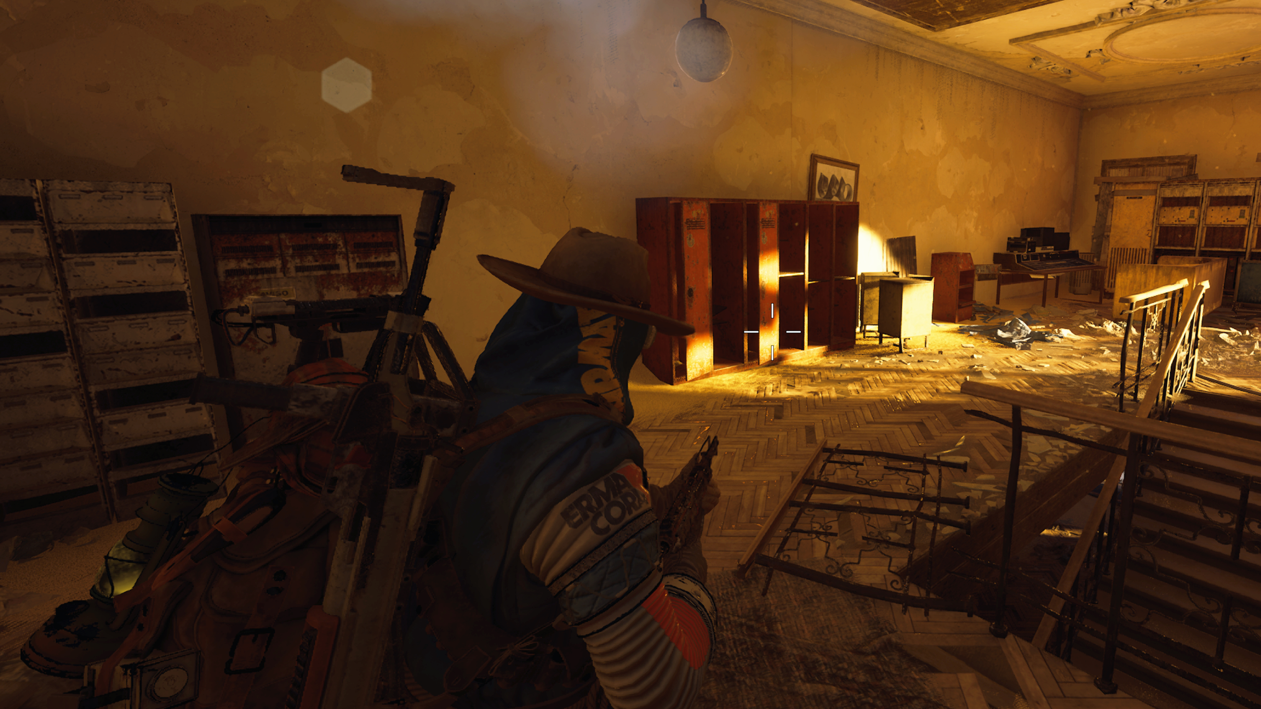Arc Raiders humidifier locations: A player looking at a row of lockers against a wall inside a dark house.