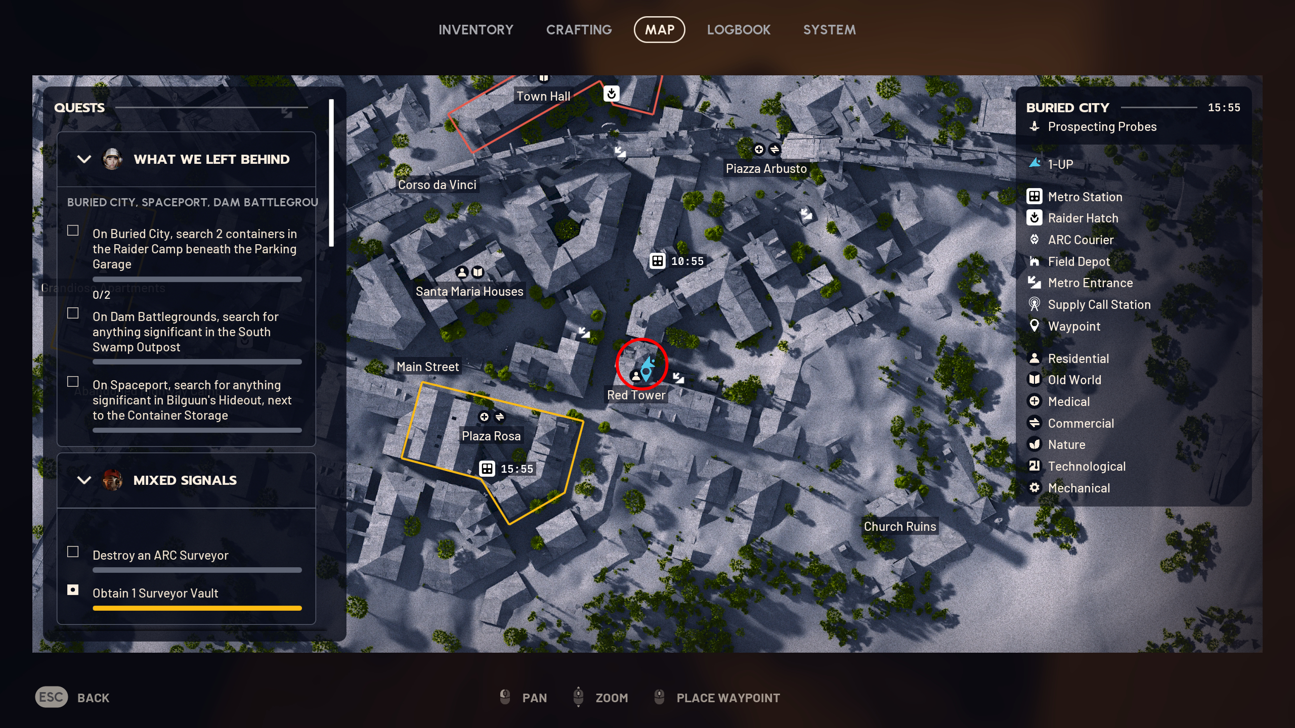 Arc Raiders humidifier locations: A map with a red circle marking the Red Tower building on Buried City.