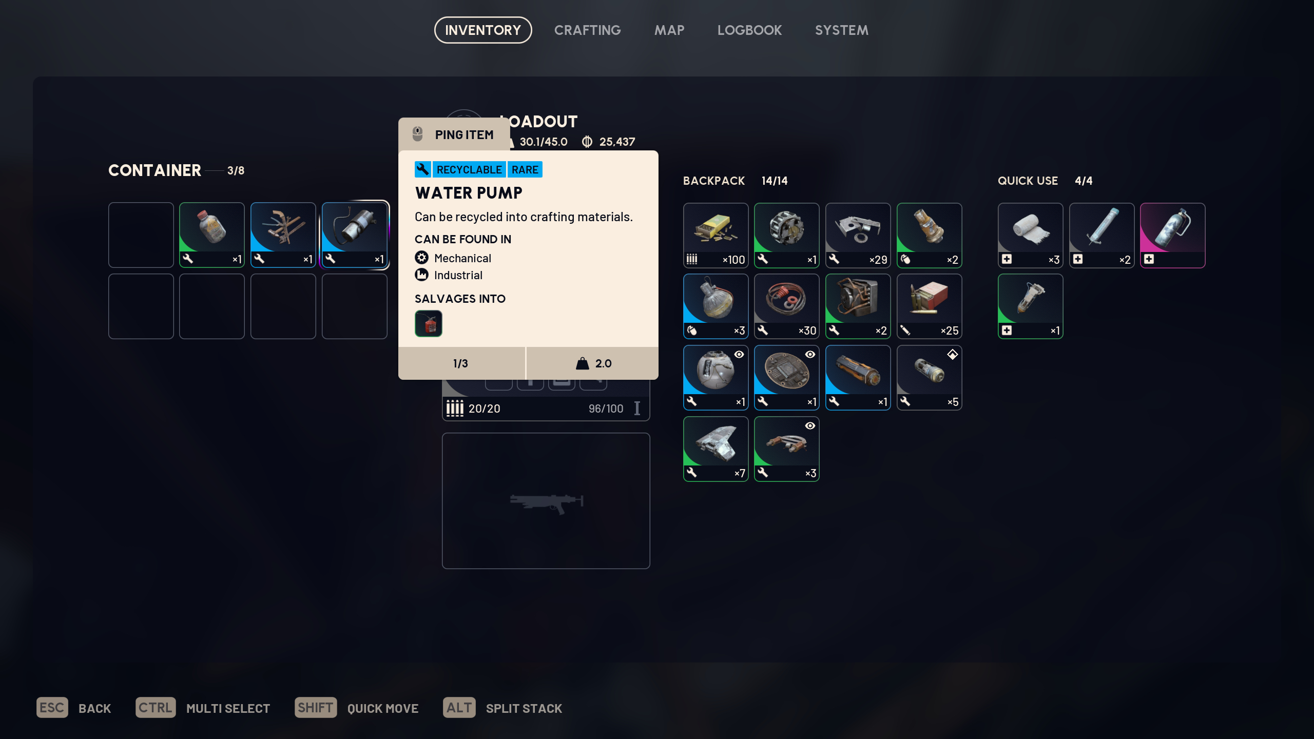 Arc Raiders Water Pump: A player inspecting a Water Pump in the inventory of a container.