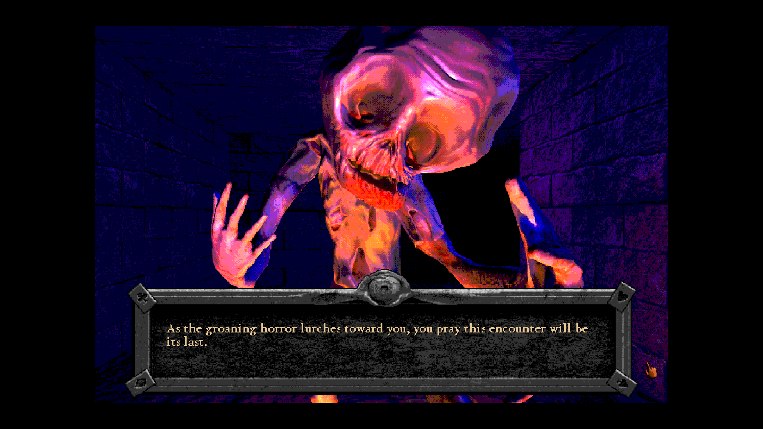 A screenshot of Forbidden Solitaire. A malformed humanoid monster with empty eye sockets faces the viewer.