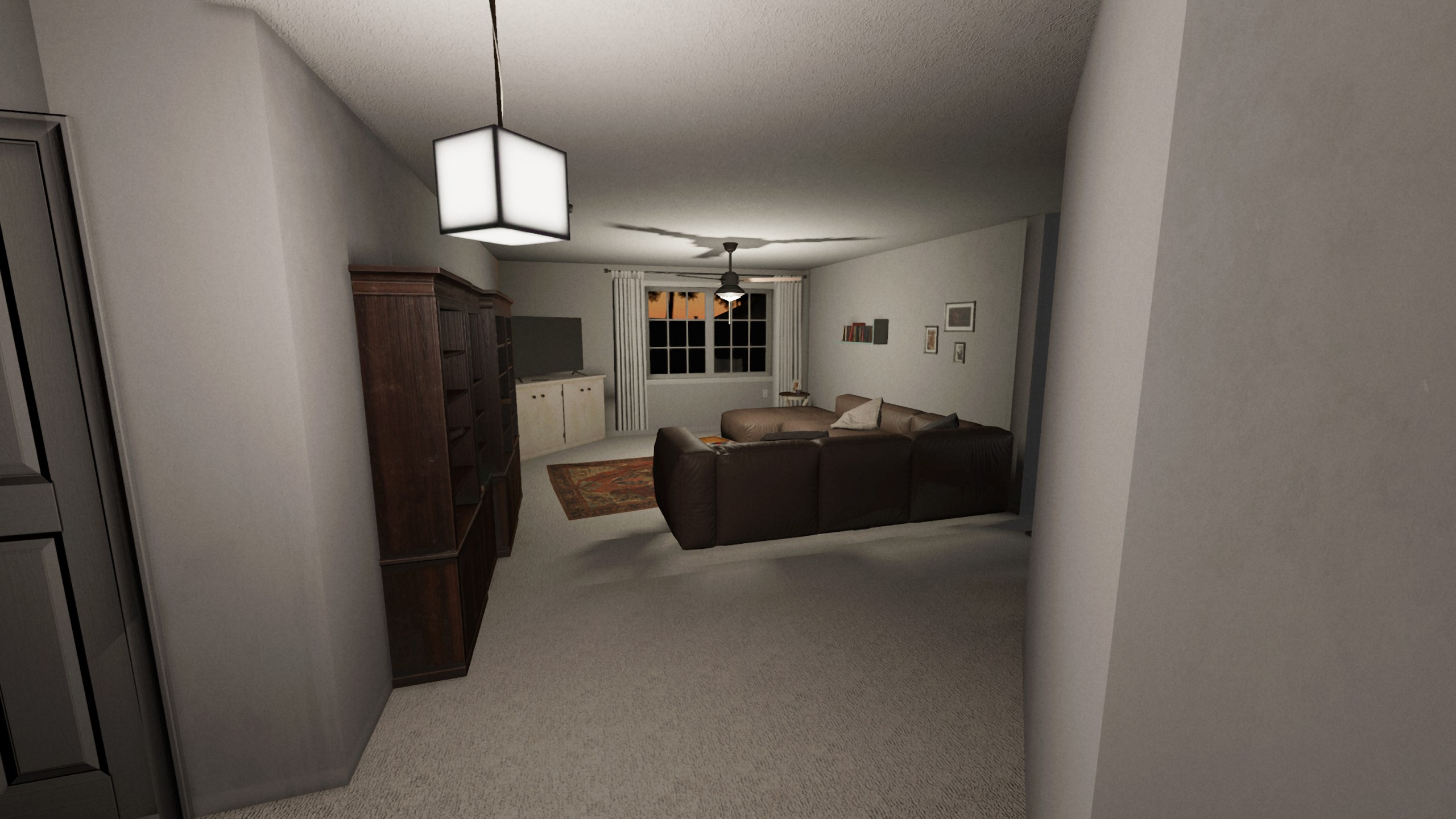 The original Tanglewood map from Phasmophobia, pre-rework. This shot shows the view from the entrance and into a living room. 