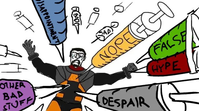 cartoon of Gordon Freeman receiving injections of