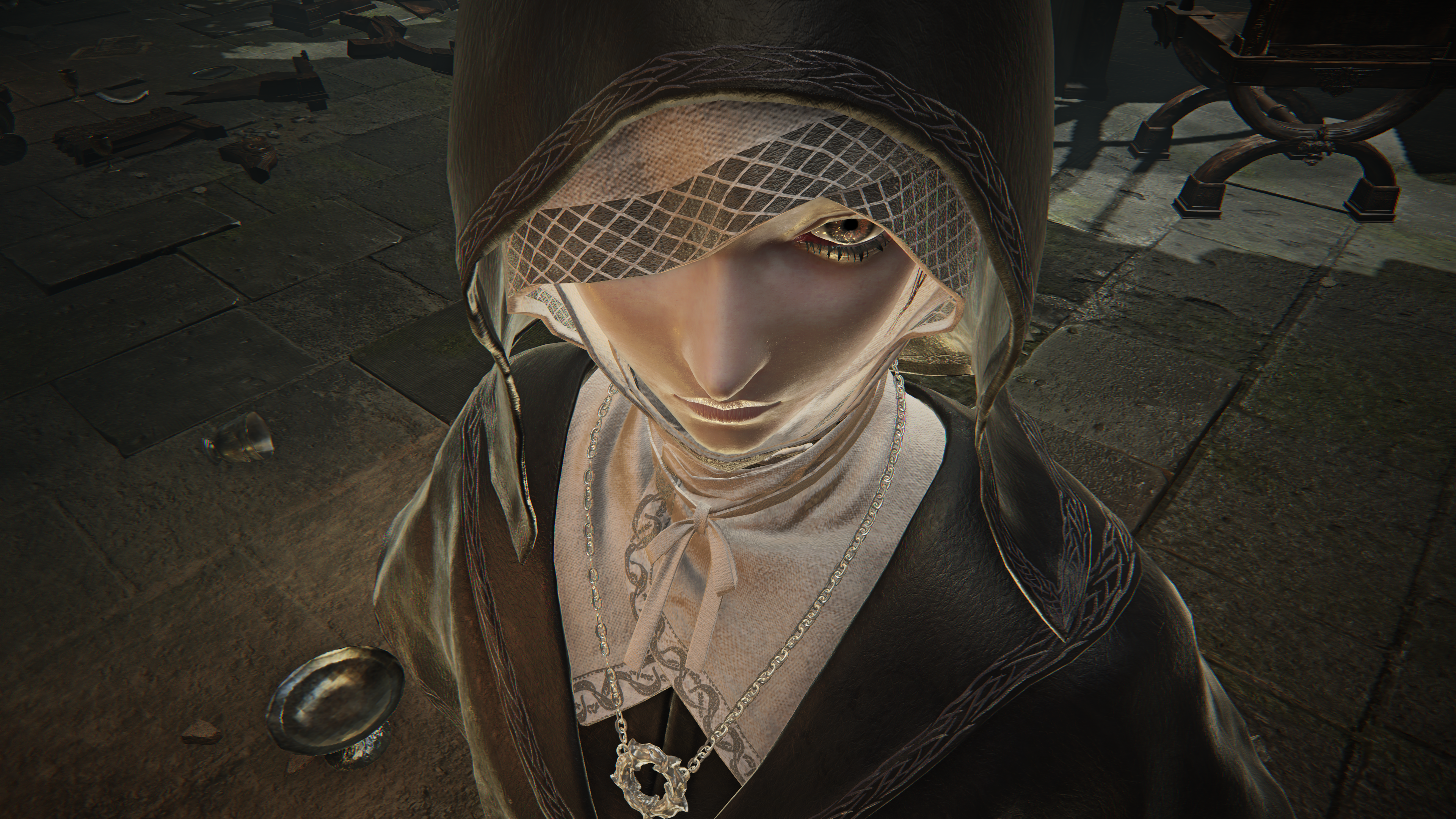 Closeup of Undertaker from Nightreign staring into camera