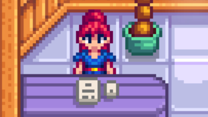 Sandy standing behind her counter at the Oasis shop in Stardew Valley's Desert area