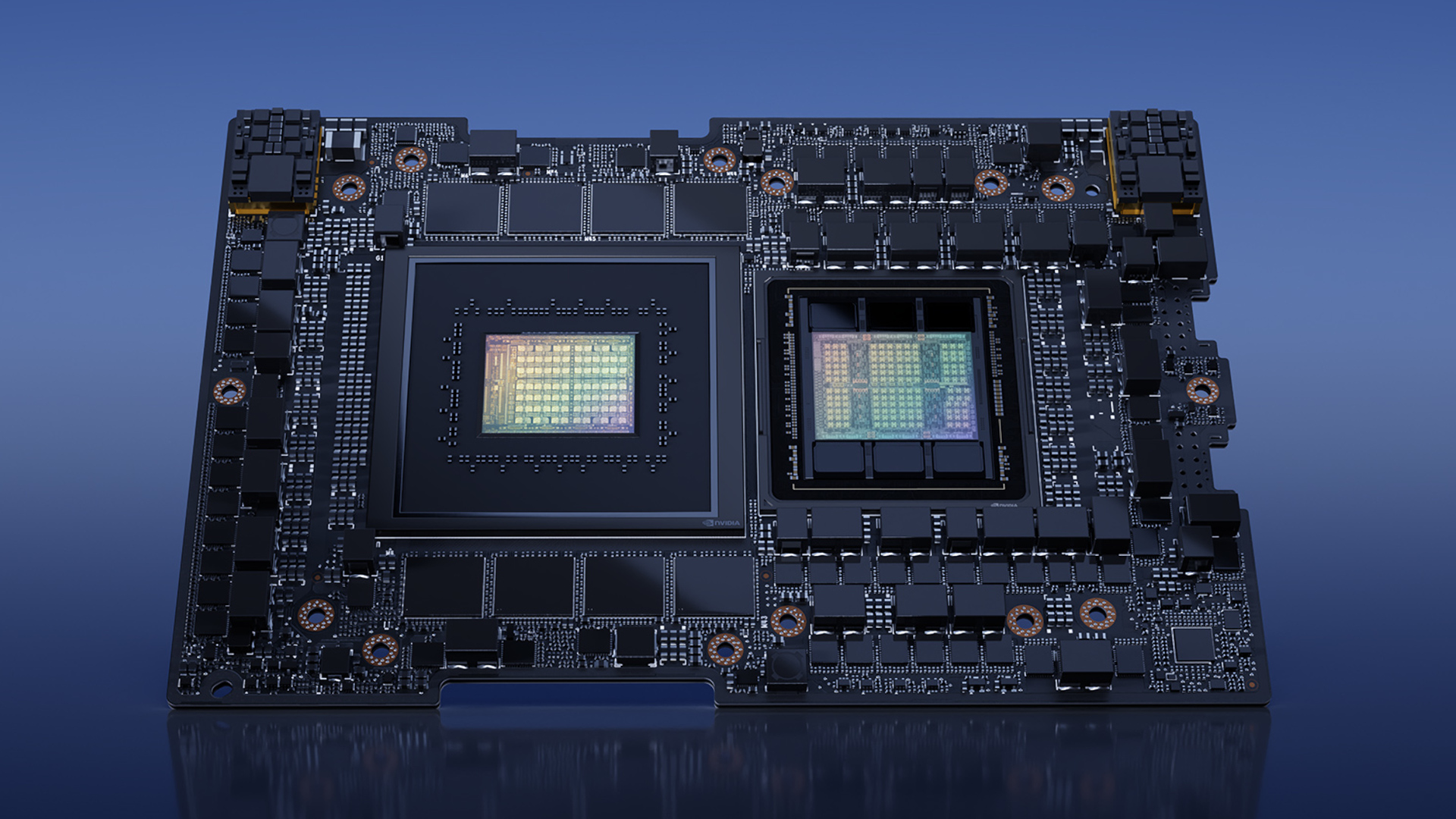 A stylized image of an Nvidia Grace Hopper AI 'superchip' against a gradient blue background