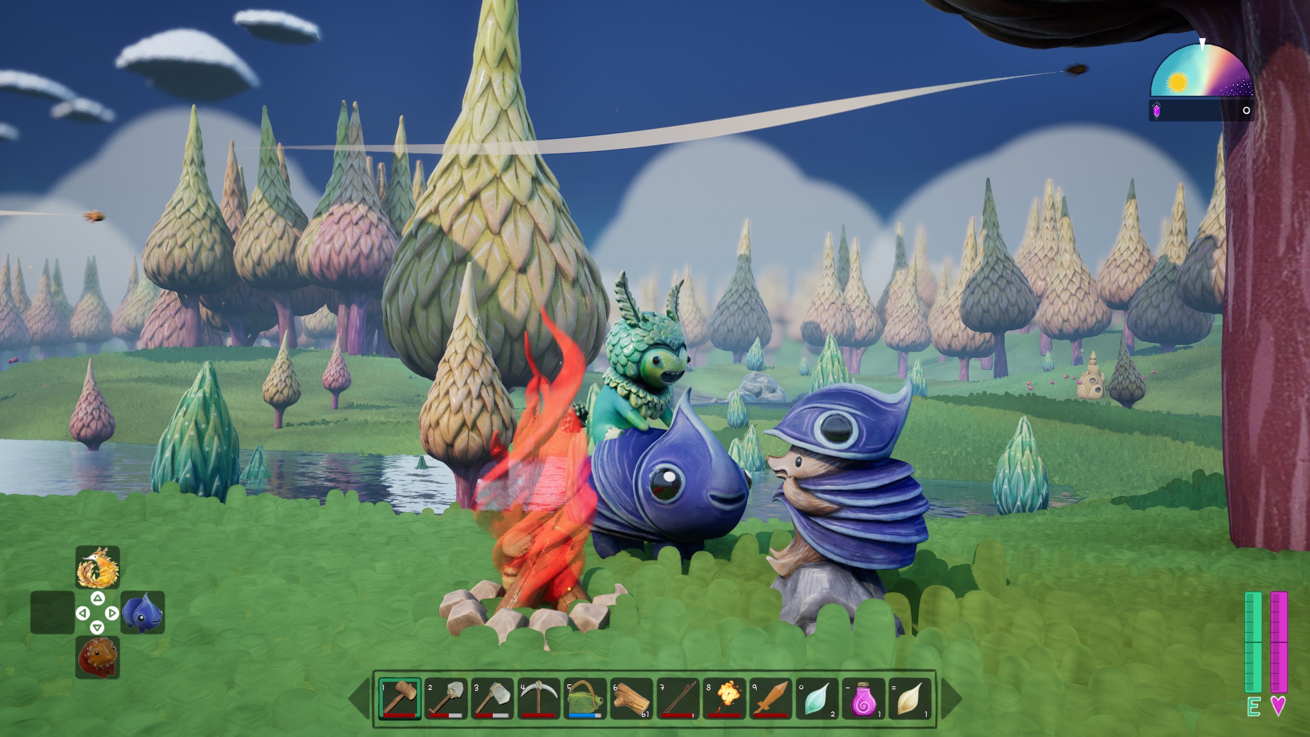 OddFauna - A leafy green Astor rides a blue-shelled Fauna beside a small furry Fauna sitting at a campfire who is wearing a hat and armor that look the same as the blue Fauna creatrue.