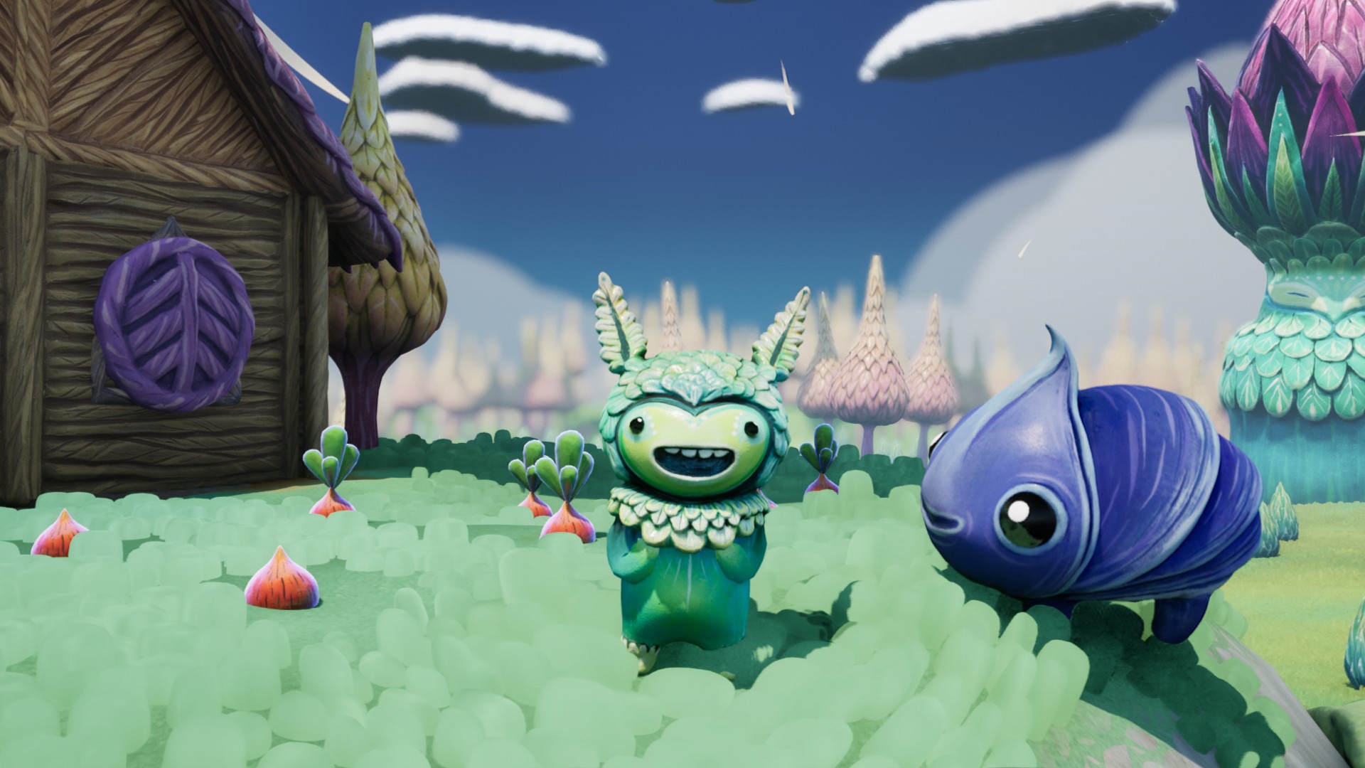OddFauna - A leafy green Astor smiles standing outside a wood house with parsnips and a blue, bug-eyed Fauna friend