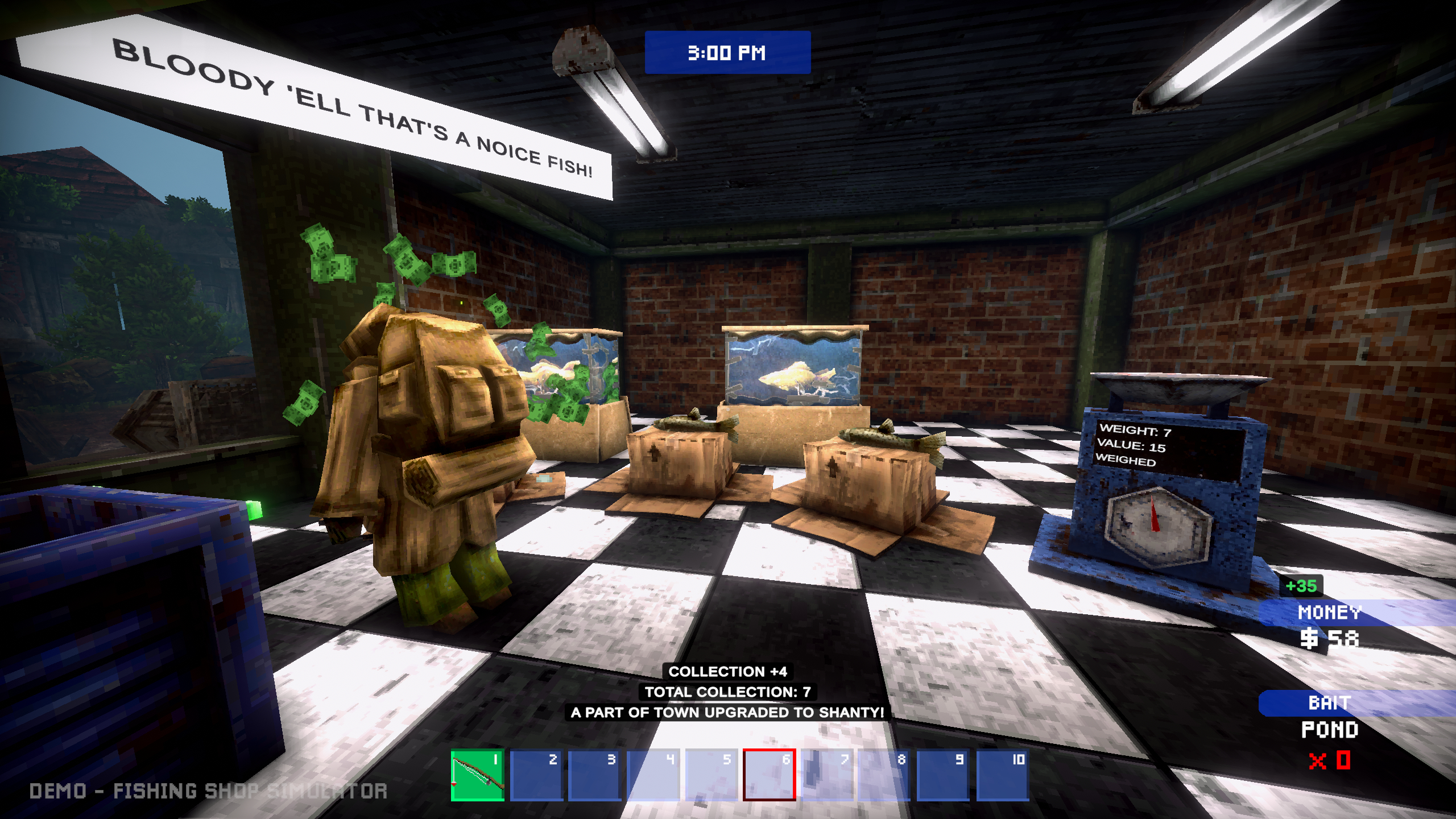 Fishing Shop Simulator: The player stood inside their shop, with a customer buying fish from the cardboard box shelves.