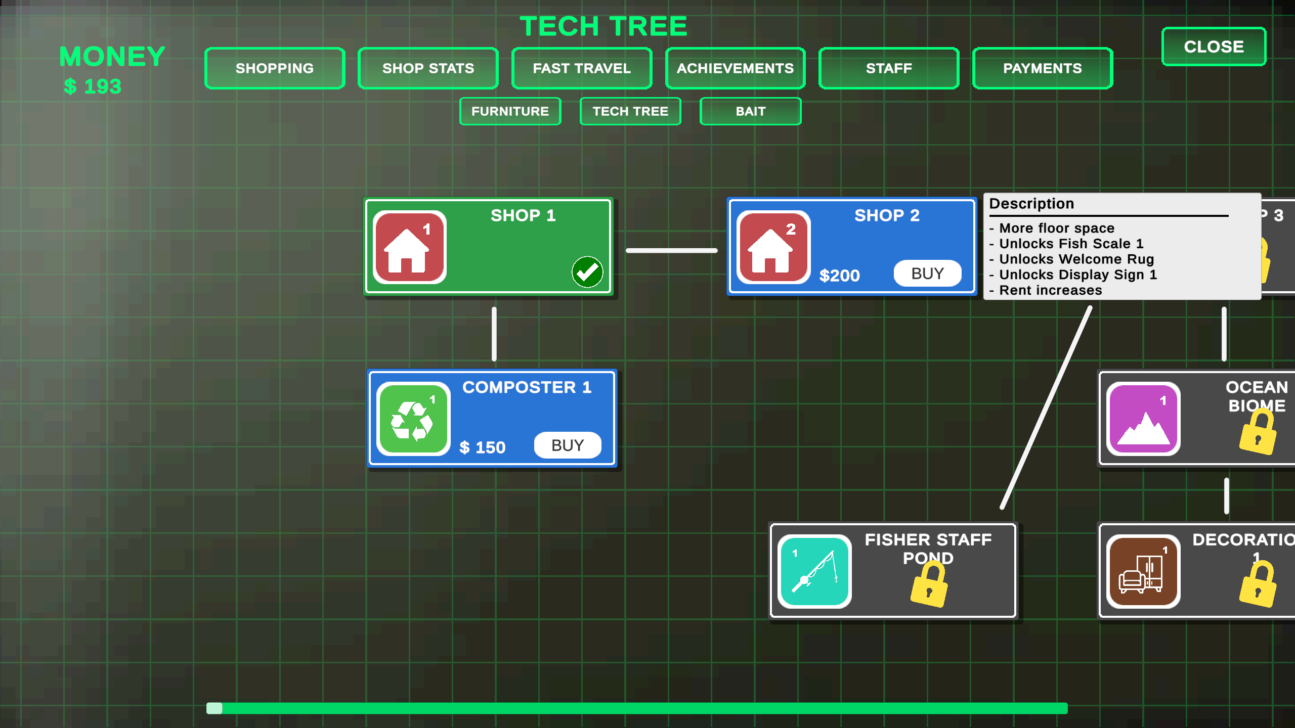 Fishing Shop Simulator: The tech tree showing available upgrades, with the player specifically looking at the Shop 2 item.