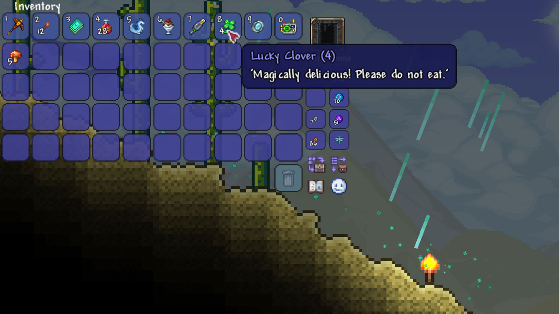Terraria 1.4.5 - The Lucky Clover tool tip that reads 'Magically delicious! Please do not eat.