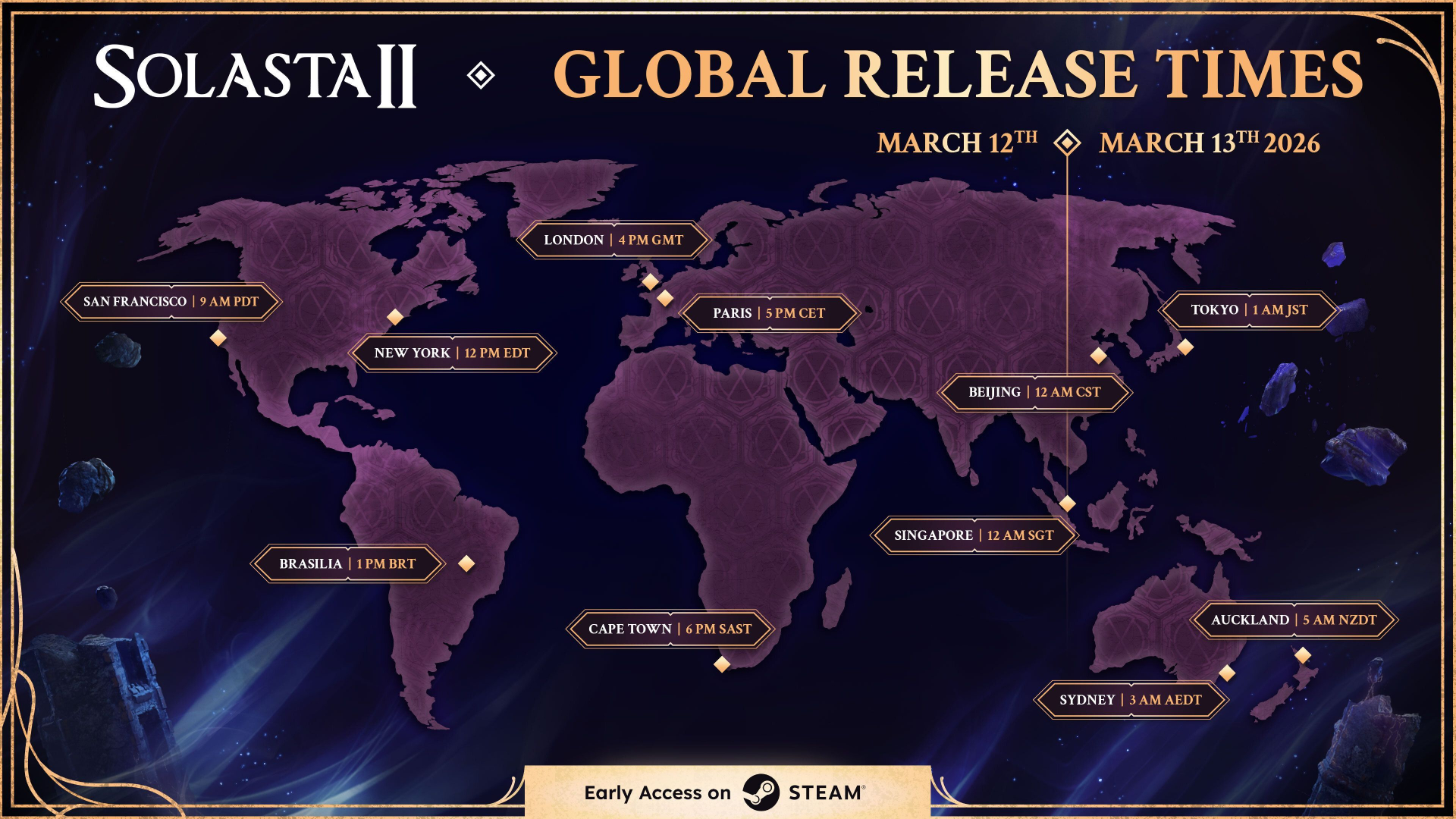 Solasta 2: An official infographic showing the global release times on Steam.