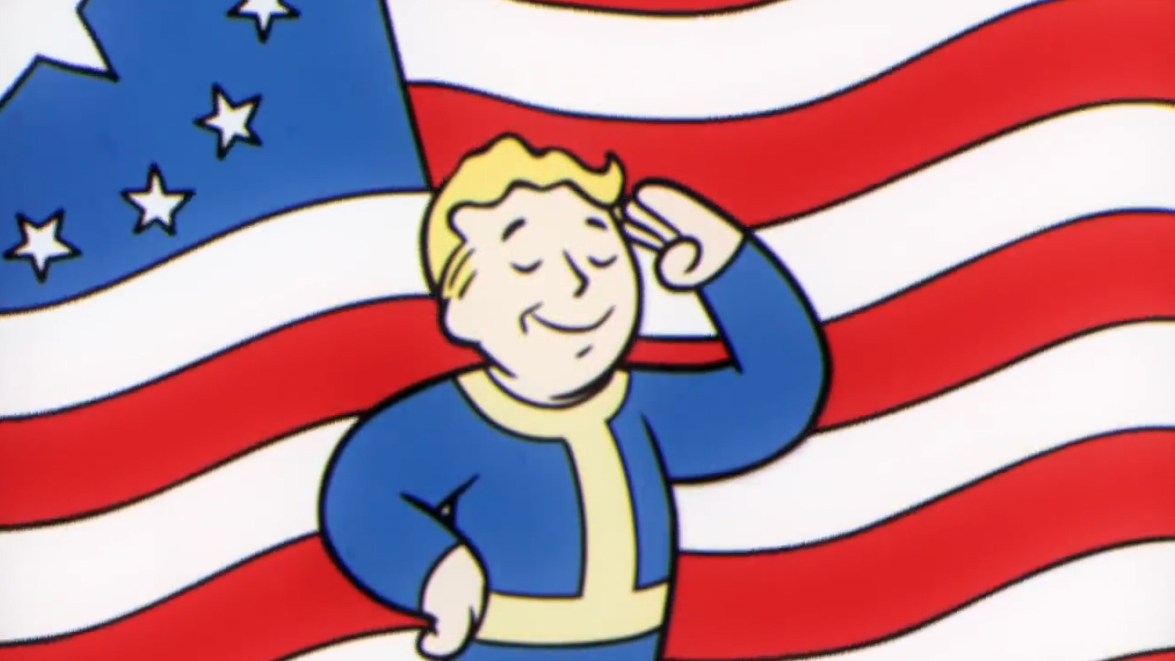 Vault-Boy saluting in front of a flag