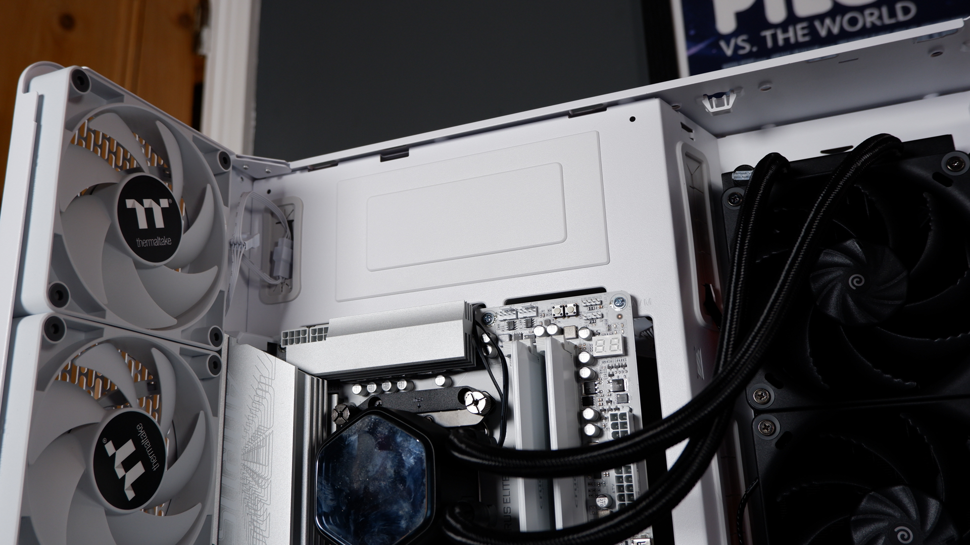 Thermaltake View 390 Air chassis on a desk. We're building a PC into it for testing and comparison with other PC cases.