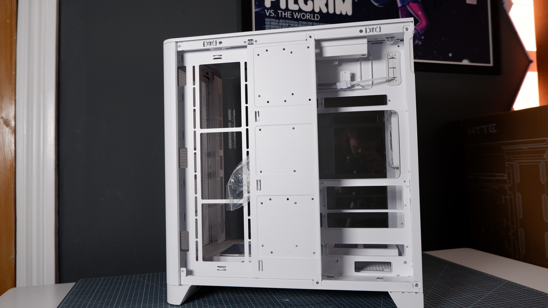 Thermaltake View 390 Air chassis on a desk. We're building a PC into it for testing and comparison with other PC cases.