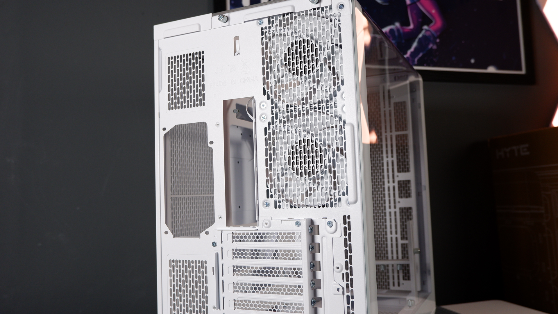 Thermaltake View 390 Air chassis on a desk. We're building a PC into it for testing and comparison with other PC cases.