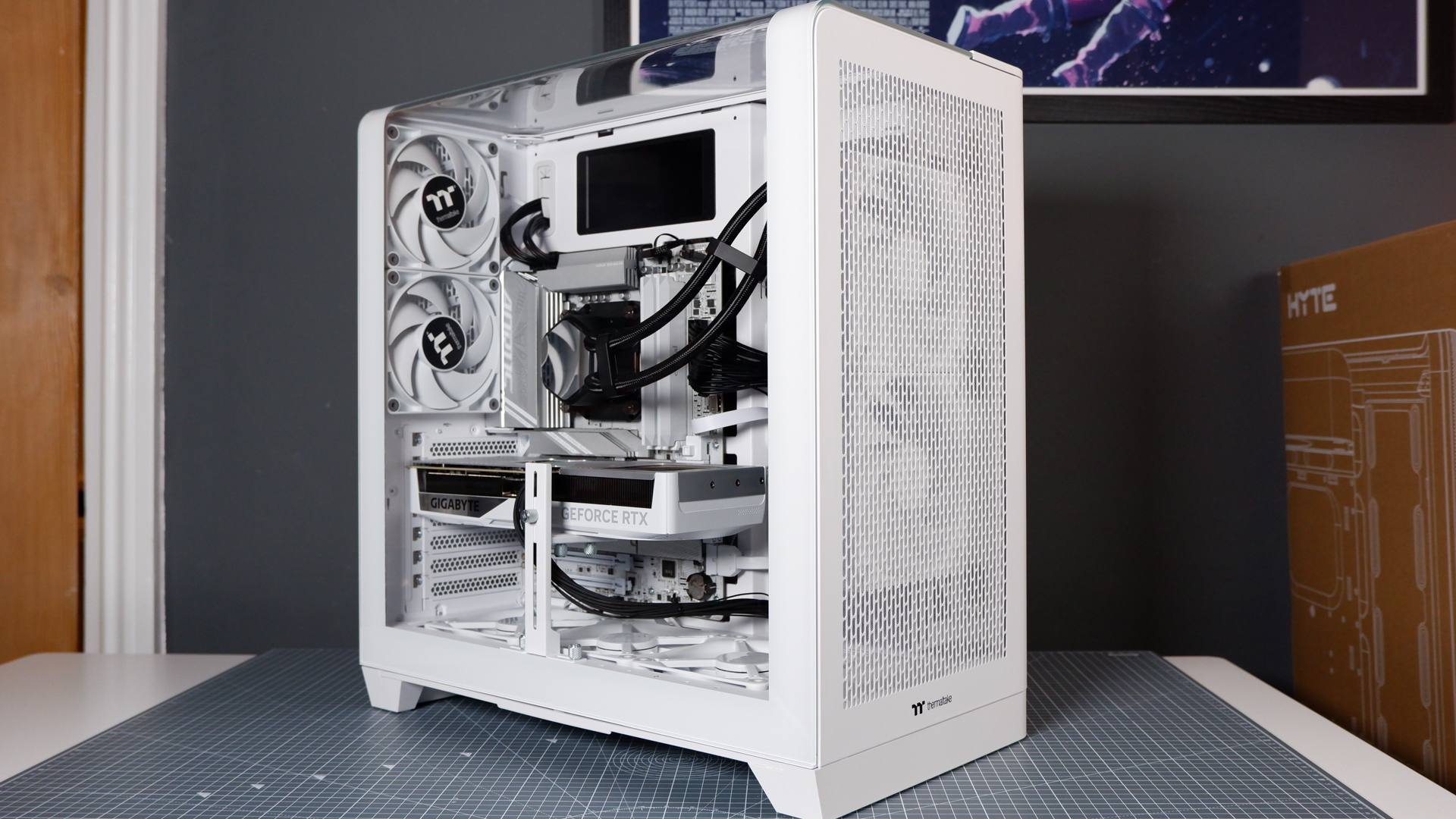 Thermaltake View 390 Air chassis on a desk. We're building a PC into it for testing and comparison with other PC cases.