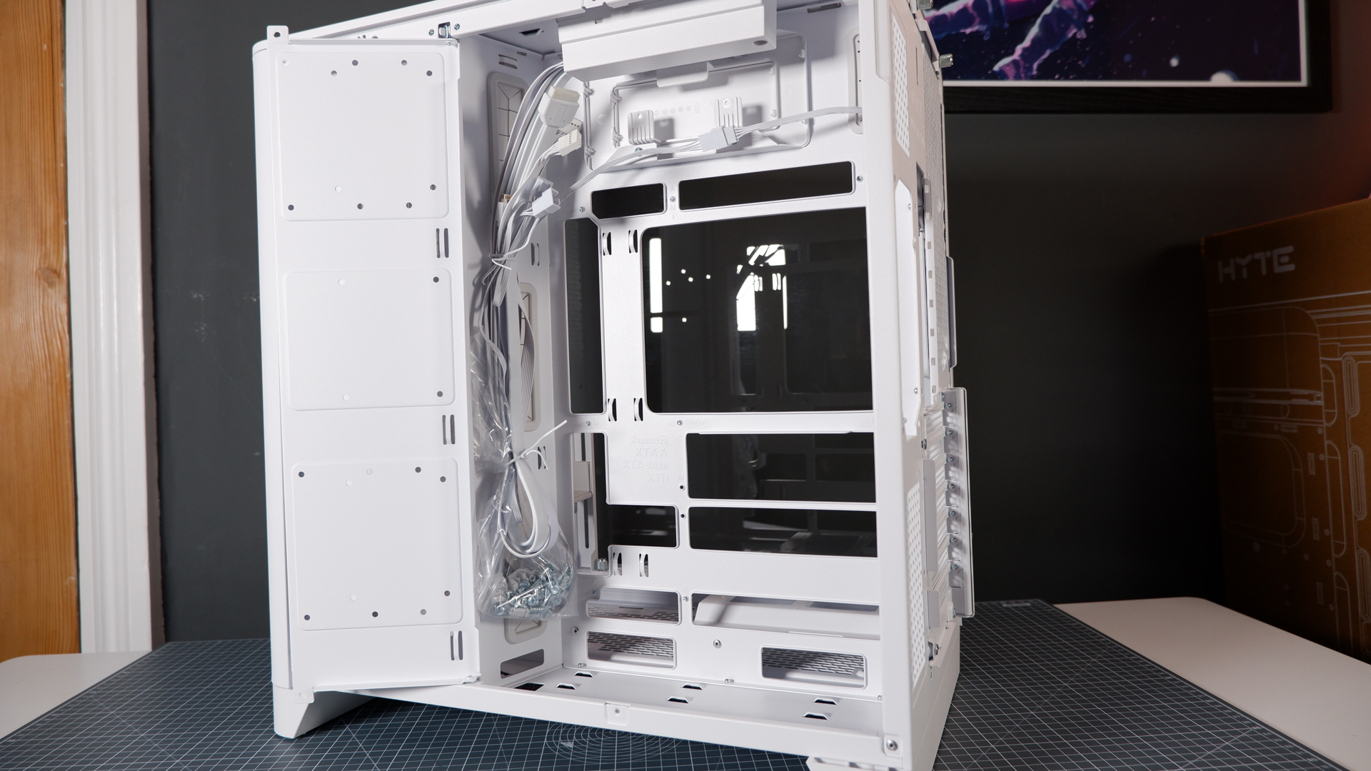 Thermaltake View 390 Air chassis on a desk. We're building a PC into it for testing and comparison with other PC cases.