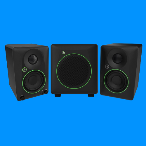 The Mackie CR3.5BT and CR8SBT subwoofer on a blue background