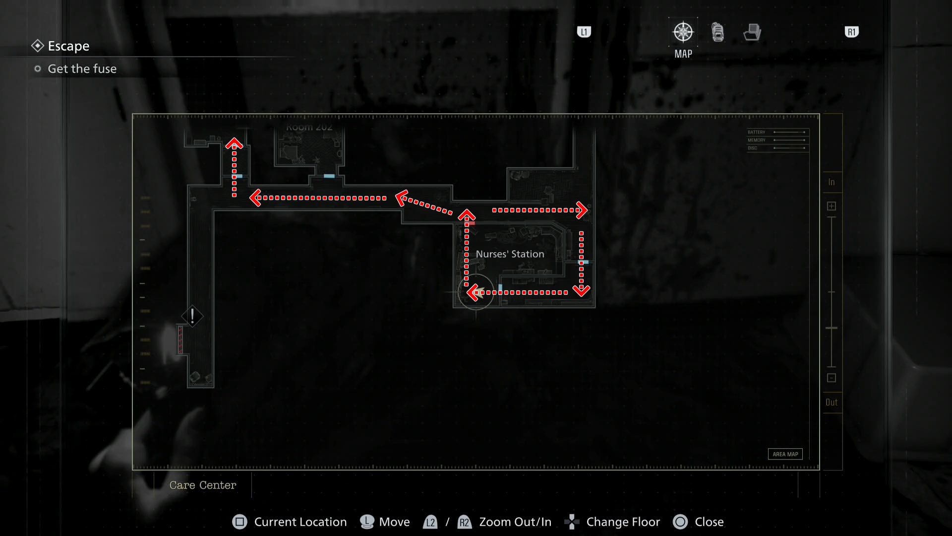 Resident Evil Requiem map showing a route through the nurse's station