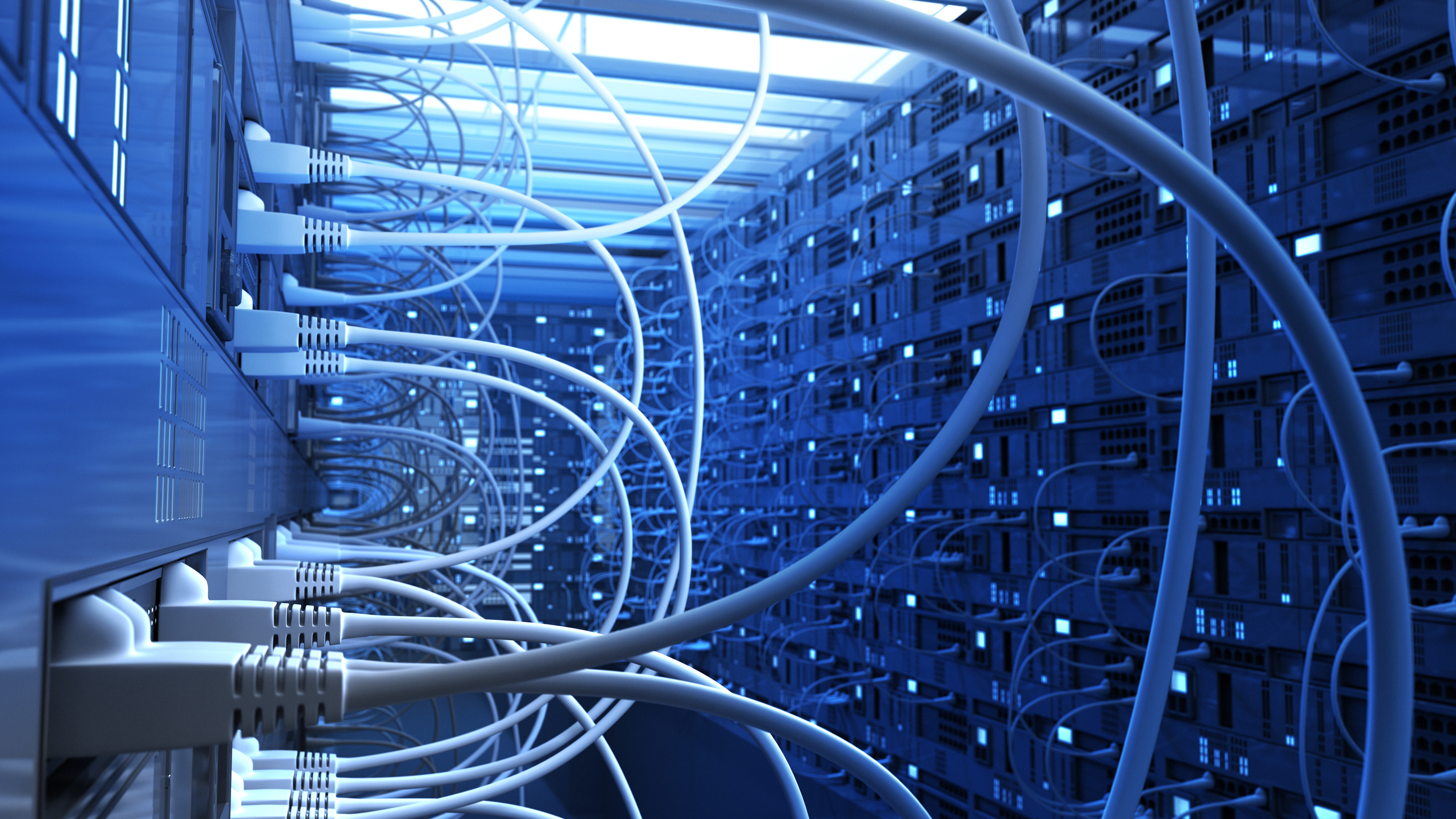 An artistic 3D render of the inside of a data centre, with many network cables criss-crossing the server racks. The entire image is bathed in blue light.