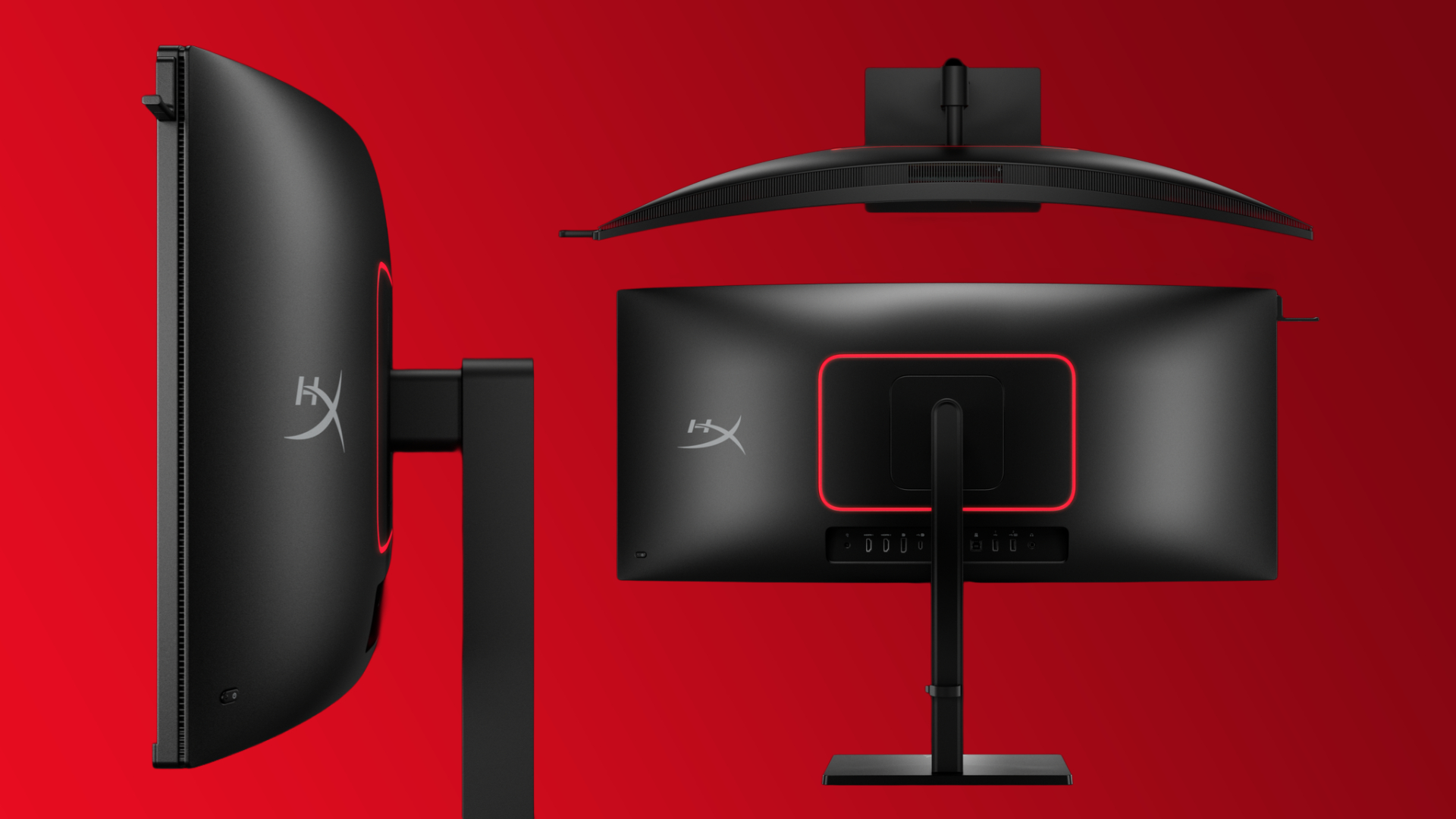 Multiple angles of the HyperX Omen OLED 34 gaming monitor on a red gradient background