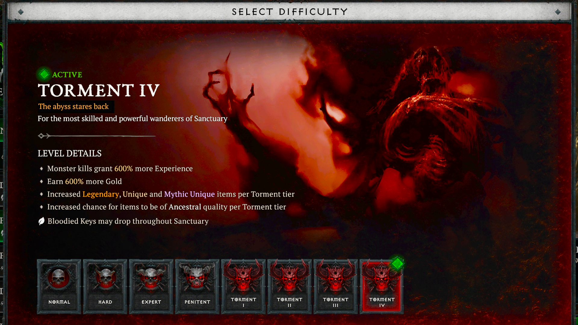 An in-game screenshot of Diablo 4's difficulty settings. A window with eight levels of difficulty starts at Normal and extends into Torment 4. Each option has a skull of a demon on it that gets increasingly saturated with red. Above the difficulty options is an explanation of what bonuses it will grant the player.