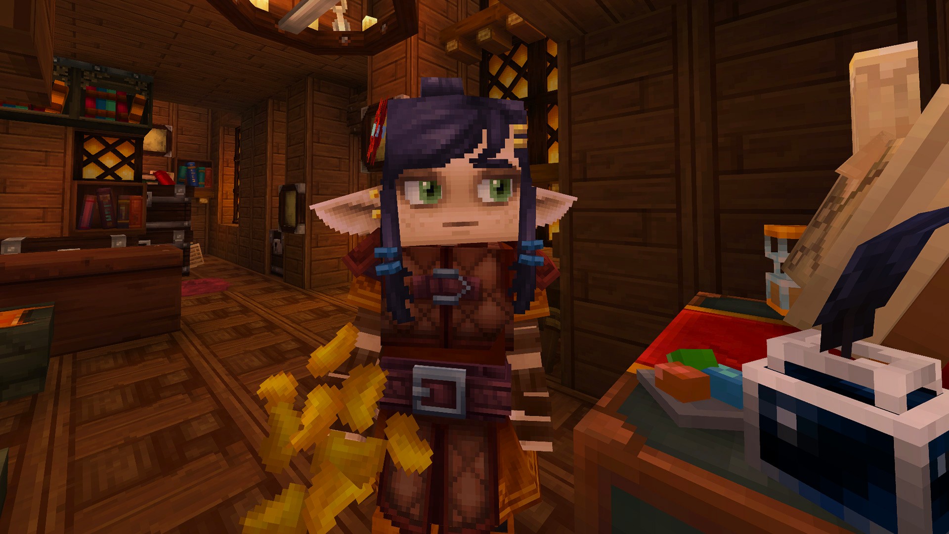 A Hytale player standing inside an old wooden tavern