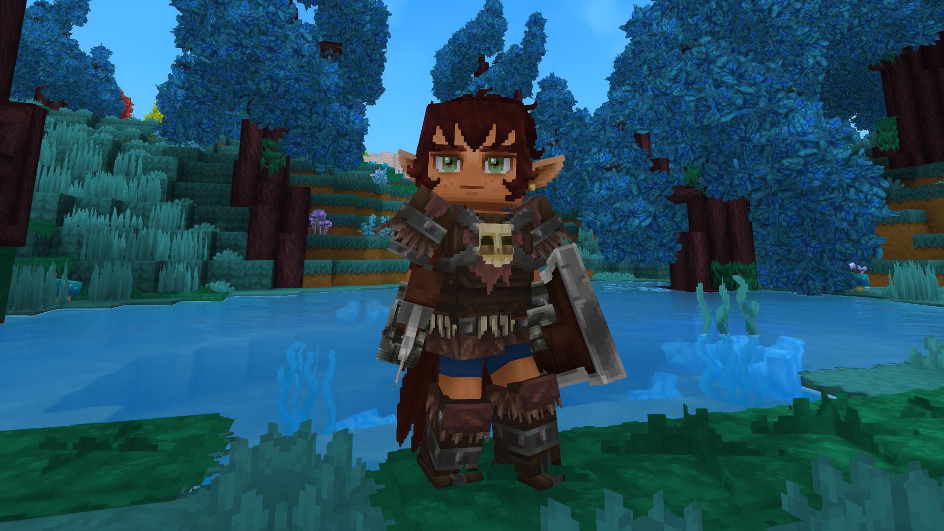 A Hytale player character holding a shield and axe standing in front of some of the blue trees to cut down for Azure Logs.