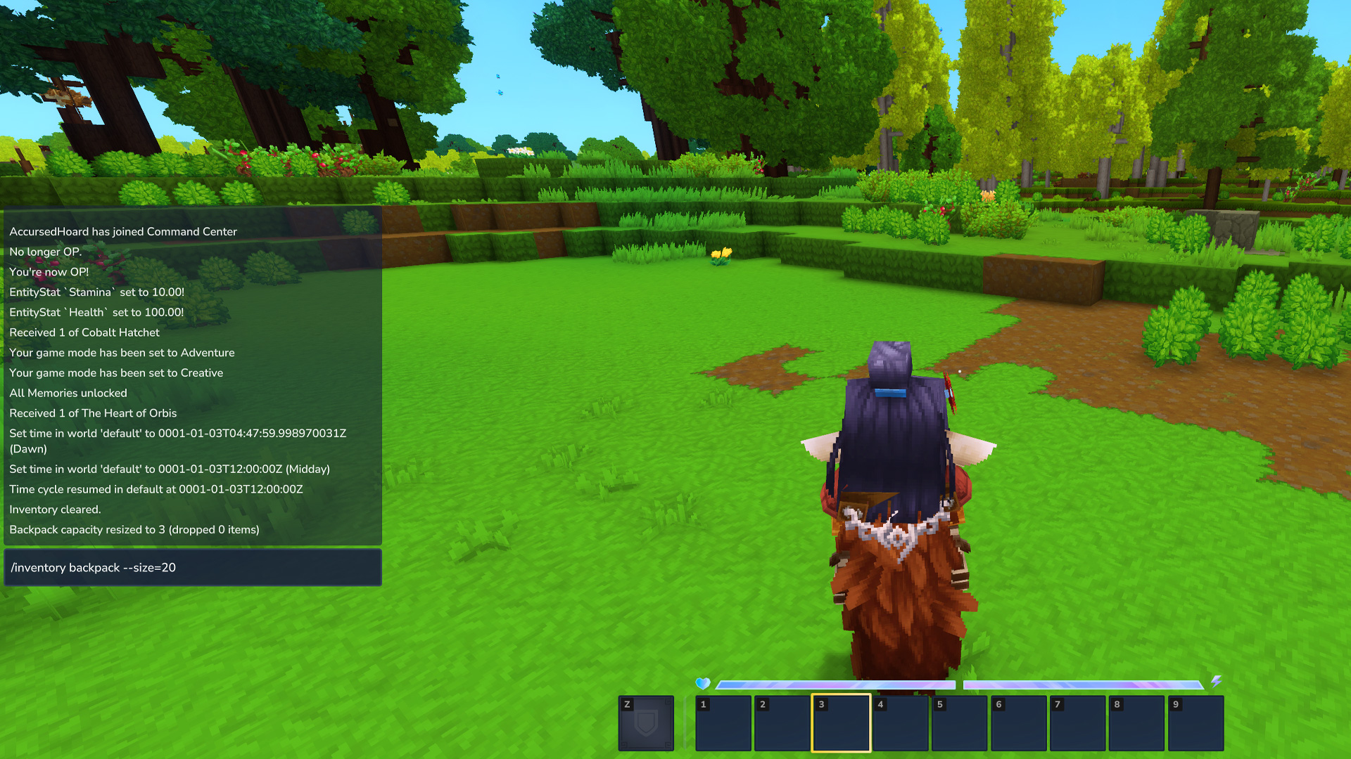 Hytale console command window open for a backpack command