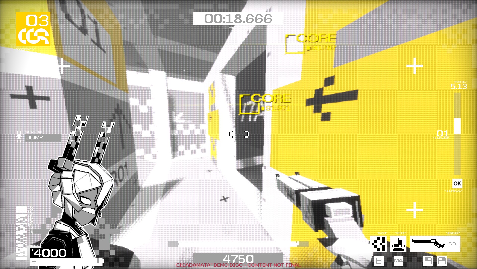 Launching through a corridor with bright yellow accents in Cicadamata.