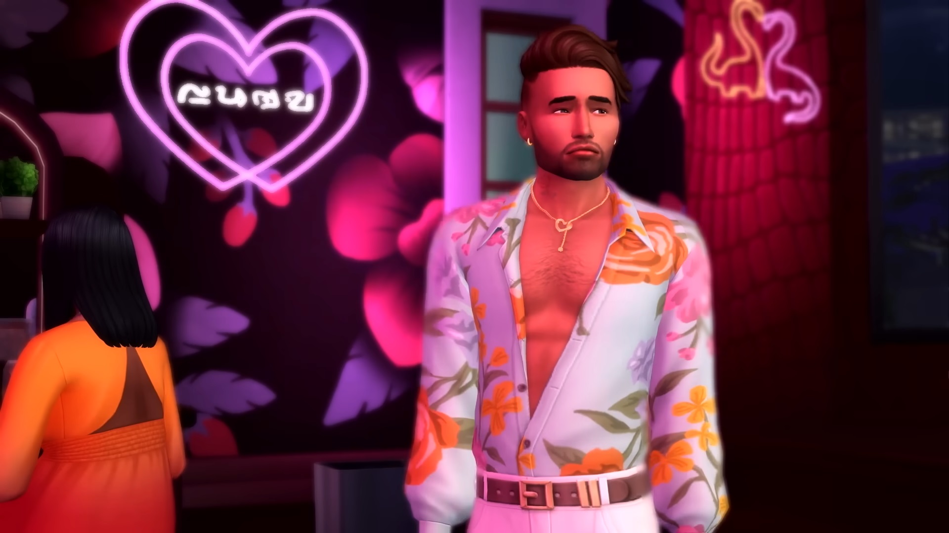 The SIms 4 Lovestruck - a Sim wearing a floral shirt looks disappointed in a neon lit club