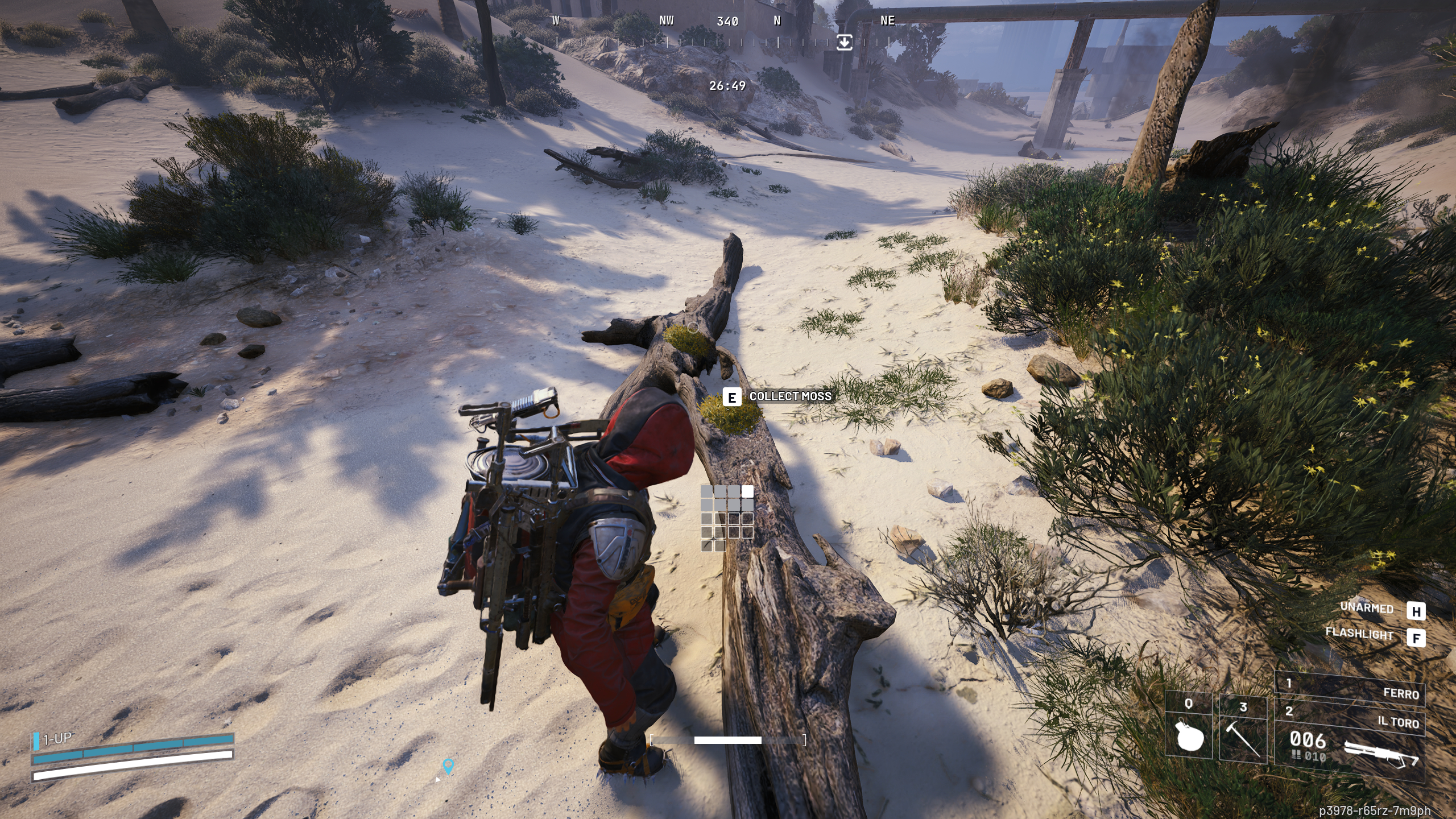 Arc Raides Moss location: A player looking at a log with moss balls on it in the Dried Riverbed area of Riven Tides.