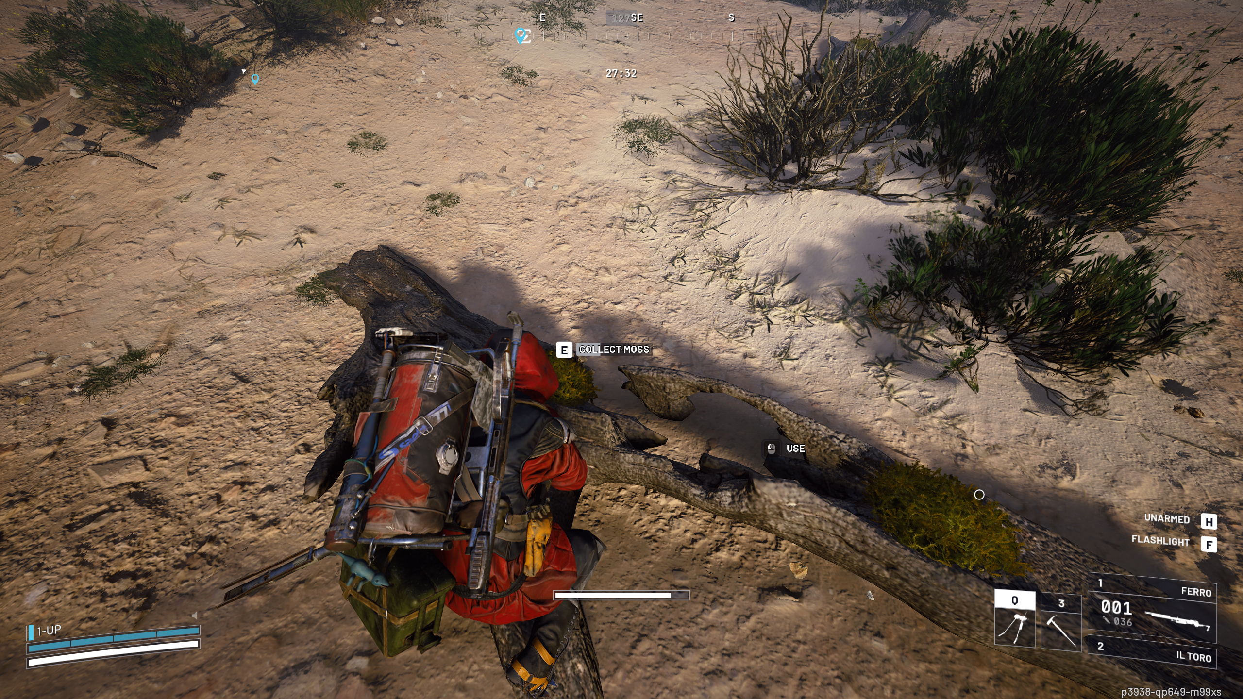 Arc Raides Moss location: A player looking at a log with moss balls on it in the Dried Riverbed area of Riven Tides.