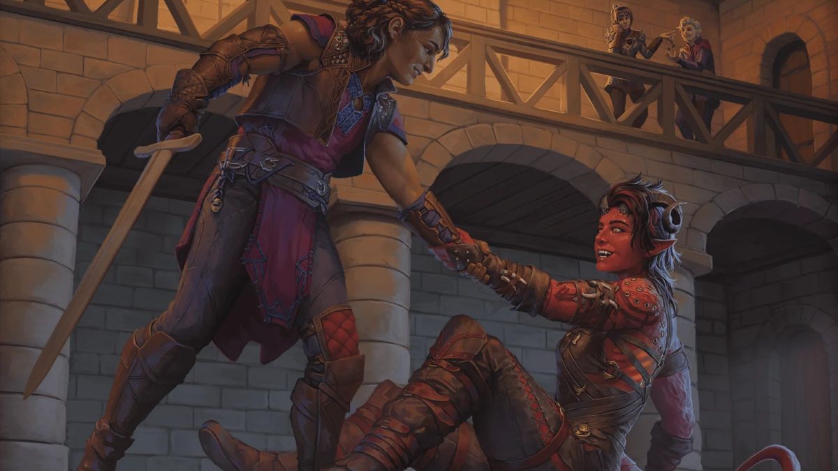 Garmult helps Karlach to her feet while Shadowheart pays Astarion for the outcome of a bet