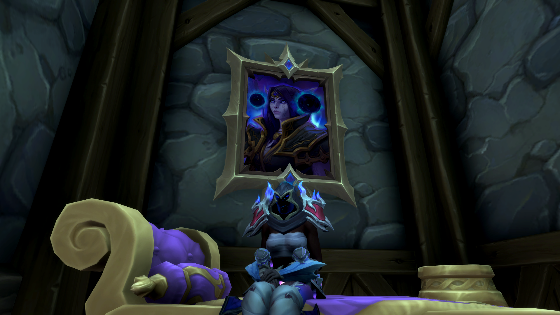 A player sitting on a comfy sofa with a picture of Xal'atath looming overhead in World of Warcraft