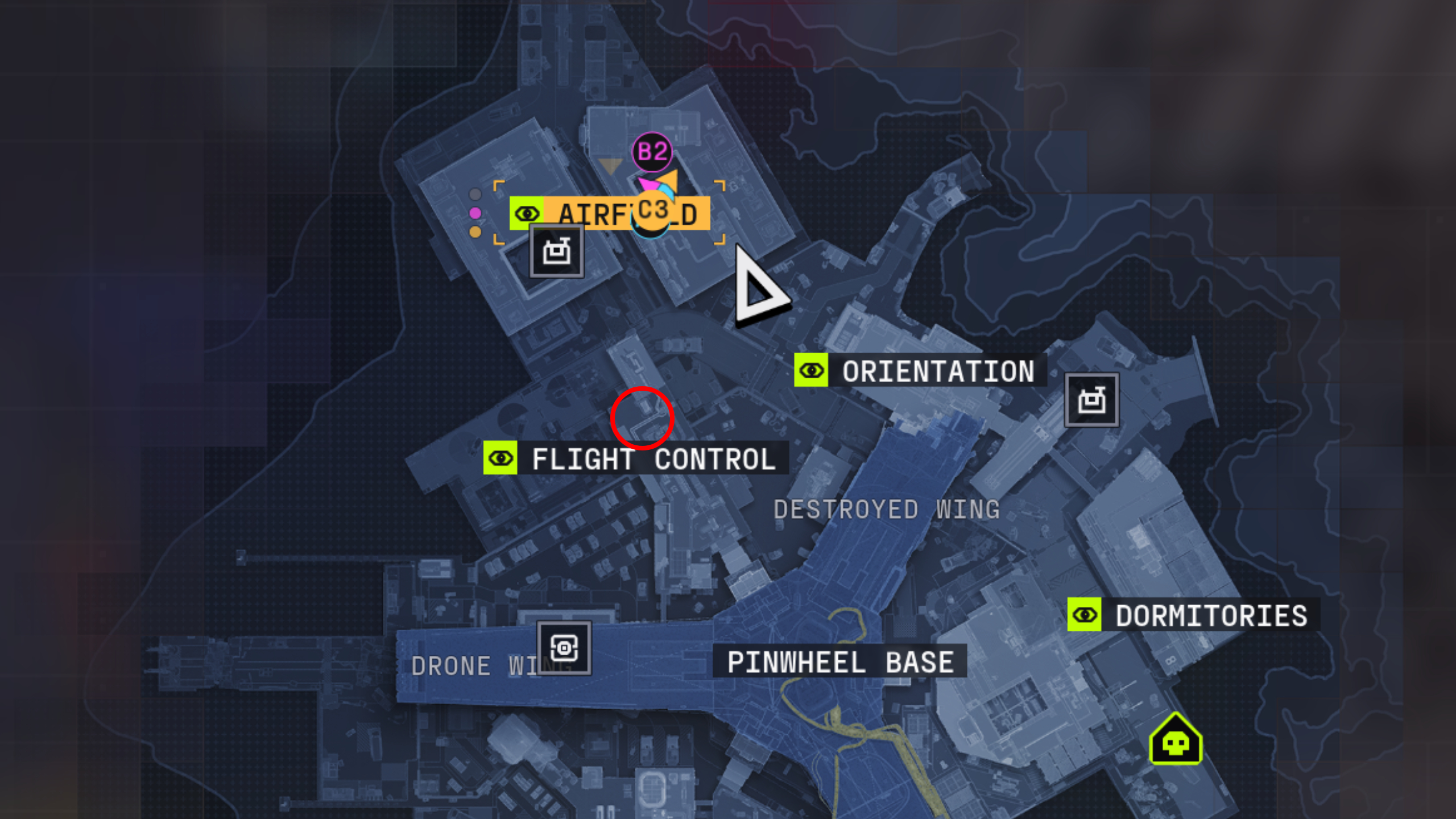 Marathon Protect/Destroy 4: A map of Outpost with a red circle showing the location of the terminal in Flight Control.