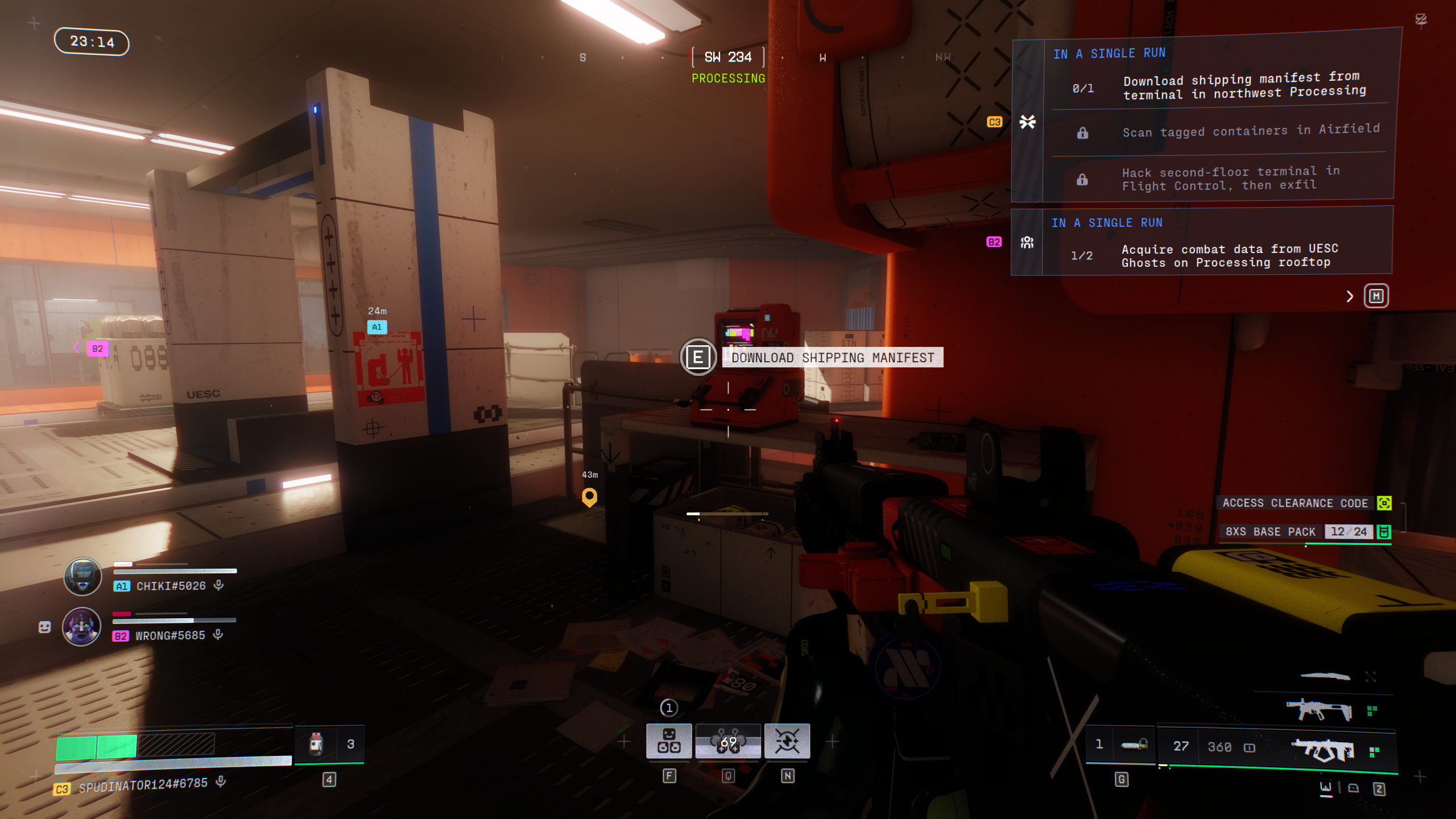 Marathon Protect/Destroy 4: A player looking at a red terminal next to conveyor belt.