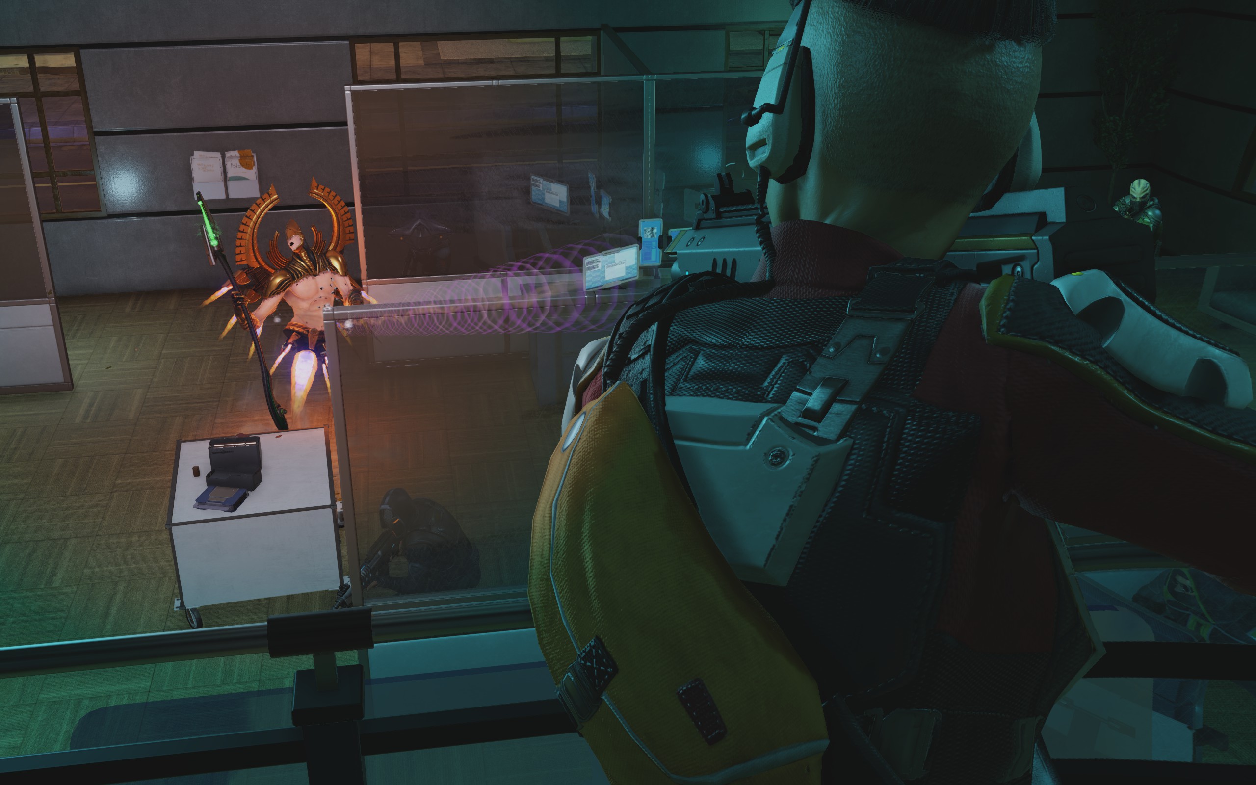 Terminal shoots down from a height at a winged archon