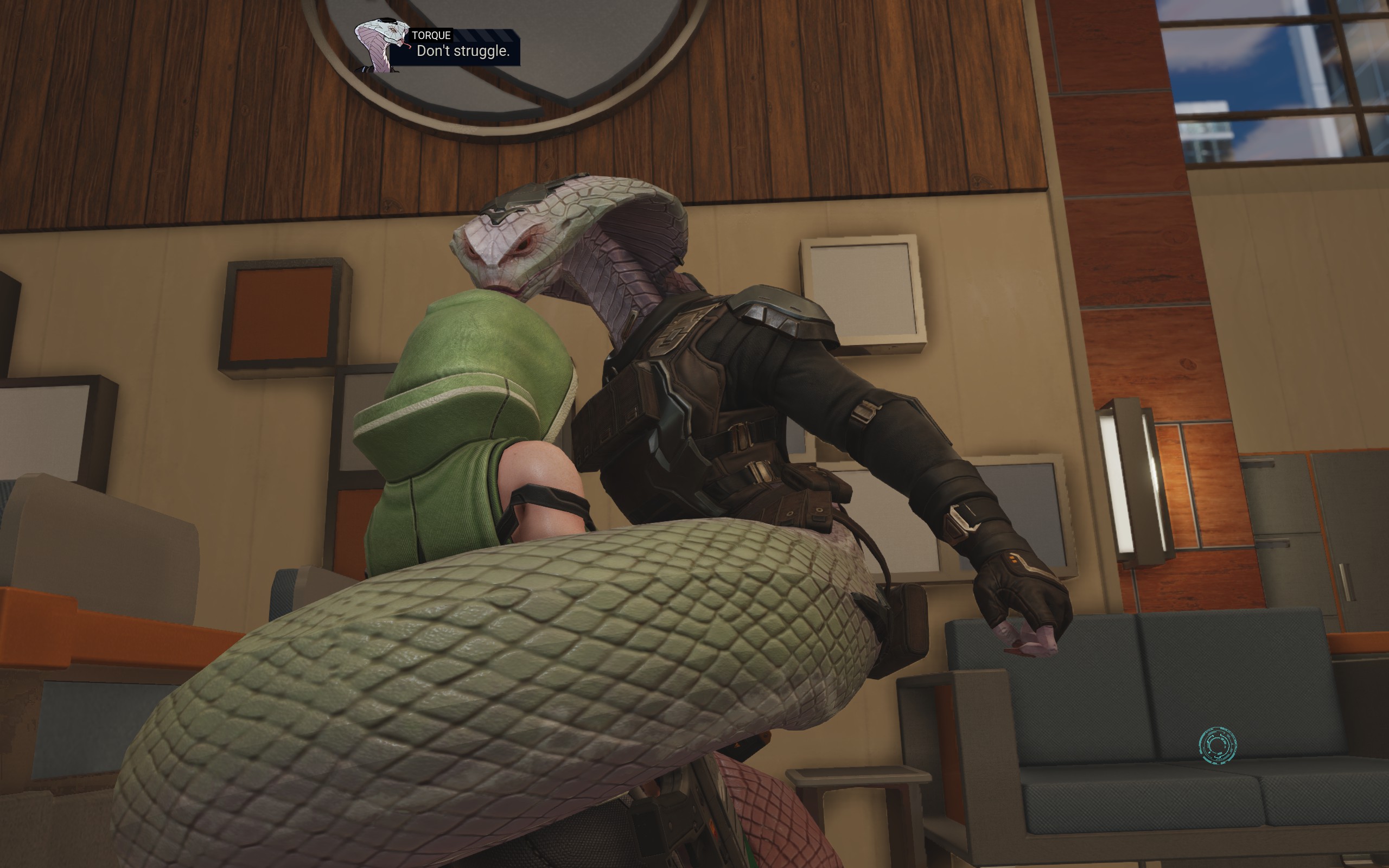 Torque, Chimera Squad's viper teammate, wraps her coils around an enemy and says, 