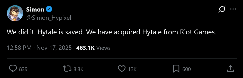 We did it. Hytale is saved. We have acquired Hytale from Riot Games.