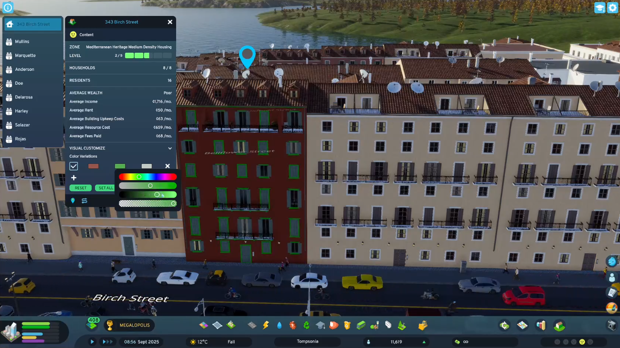 A screenshot showing the new object painter tool in Cities: Skylines 2, with the user repainting a yellow European-style townhouse red.