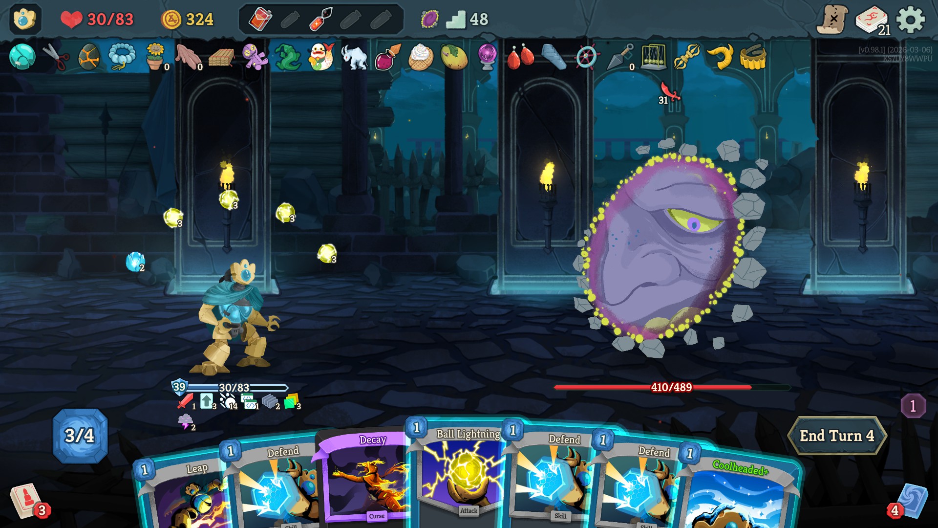 The Defect battling a boss in Slay the Spire 2.