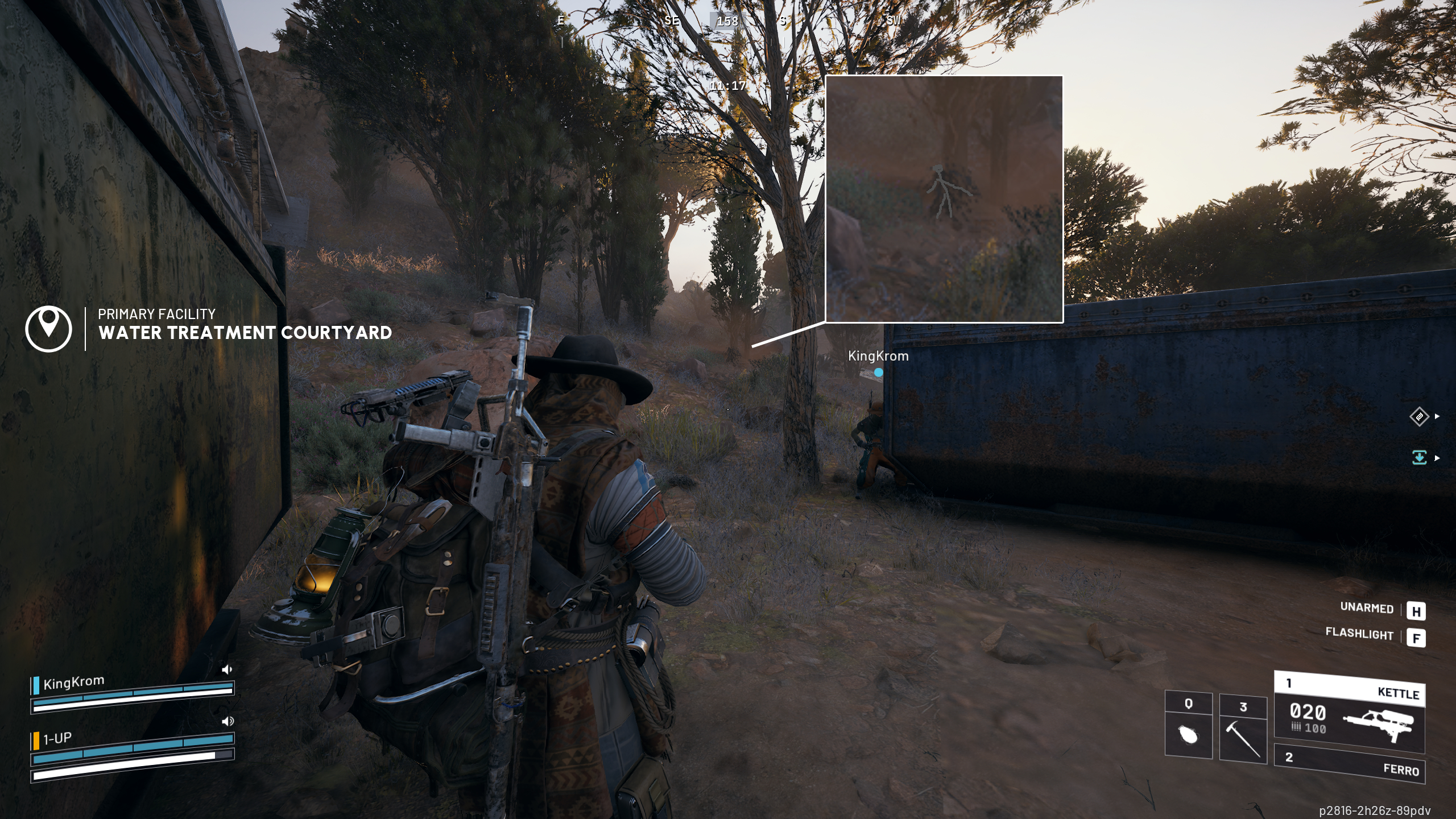 Arc Raiders tumbleweed mimic: An annotated image of a player stood between skips looking out at a tumbleweed in a wooded environment. The annotation magnifies the tumbleweed and features a human-like figure scribbled over it.