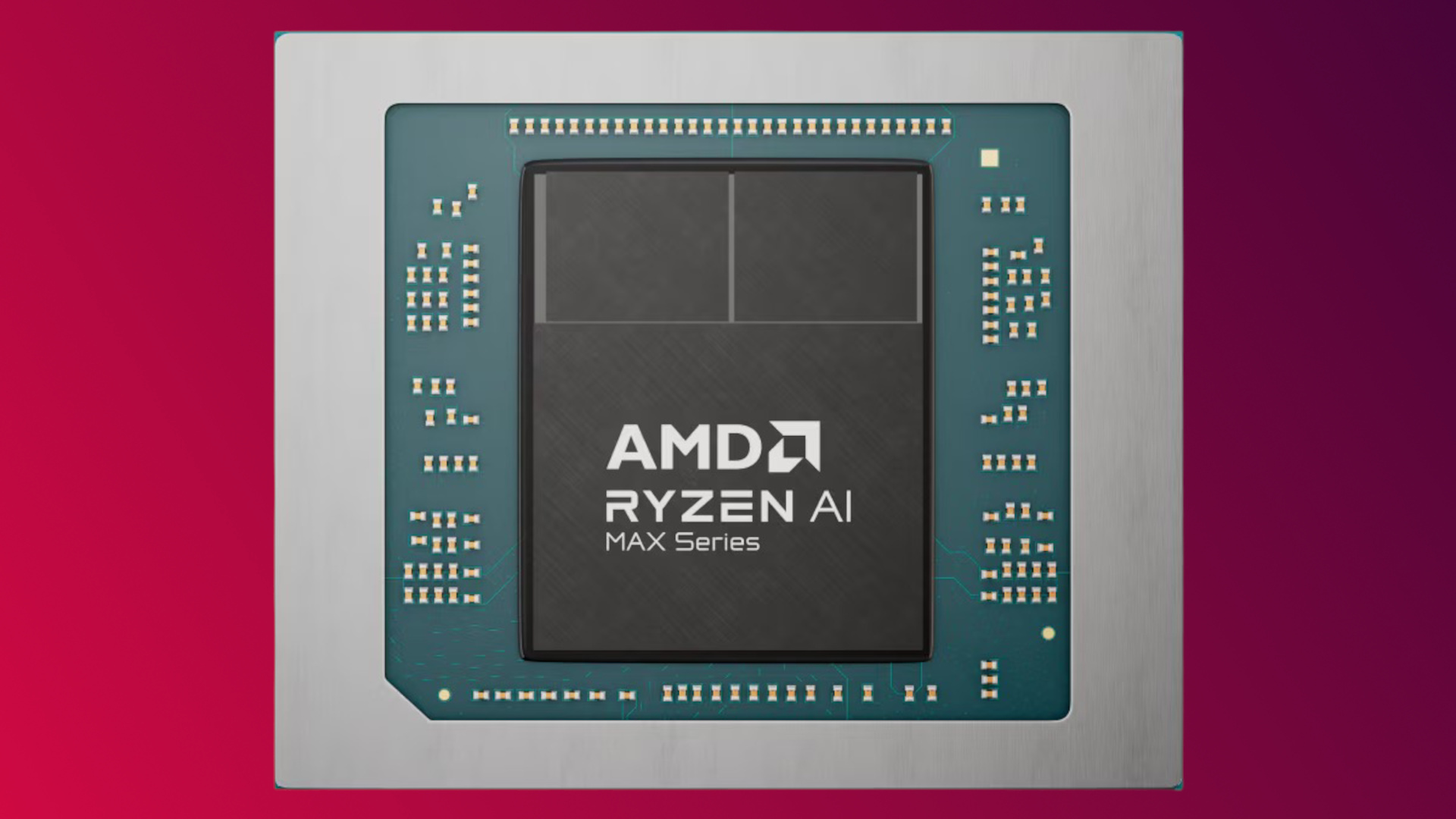 A promotional rendered image for AMD's Ryzen AI Max series of processors, against a red/purple gradient background