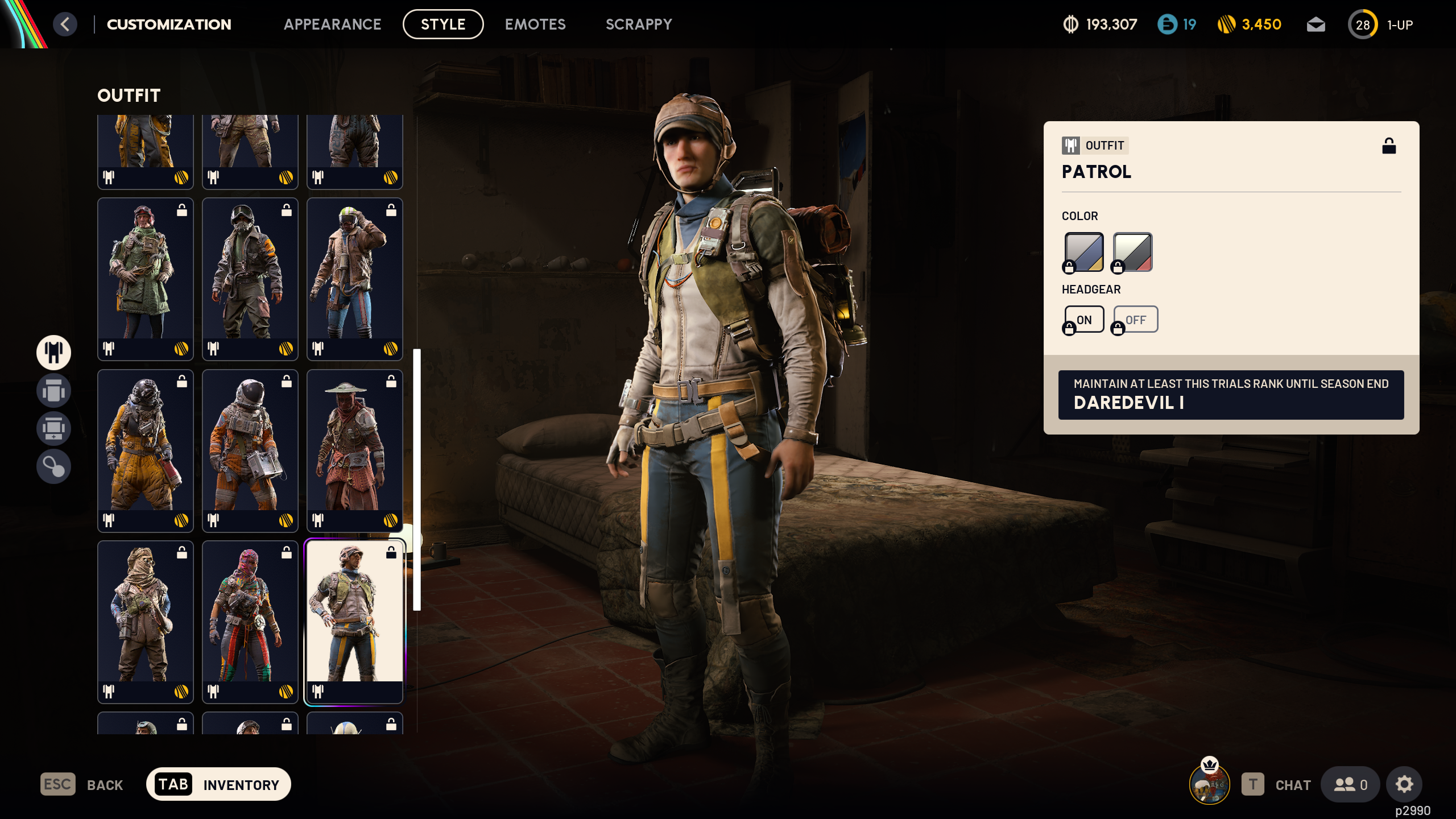 Arc Raiders cosmetics: The Patrol outfit in the raider customisation menu.