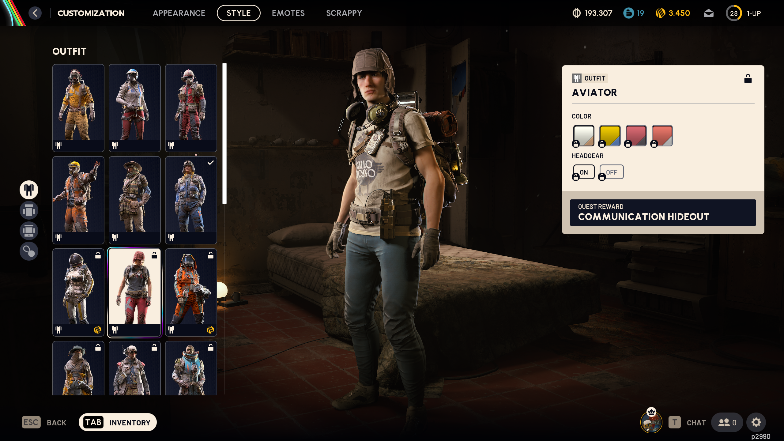 Arc Raiders cosmetics: The Aviator outfit in the raider customisation menu.