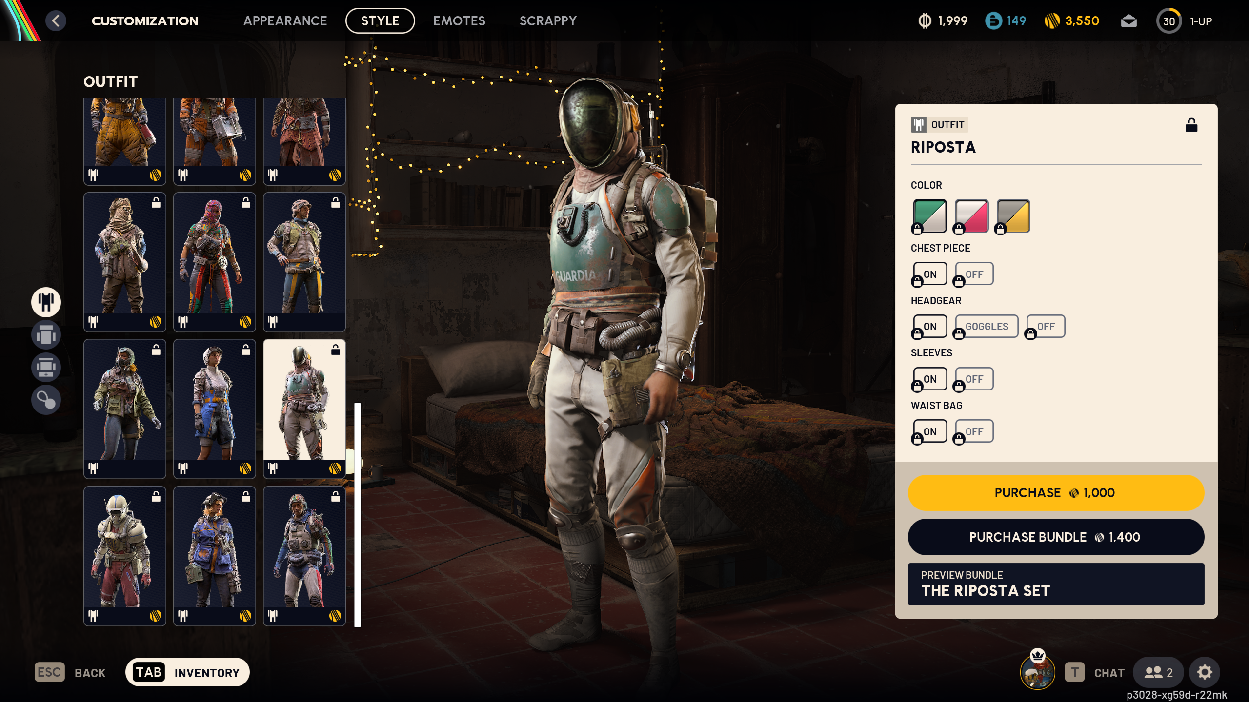 Arc Raiders cosmetics: The Riposta outfit in the raider customisation menu.