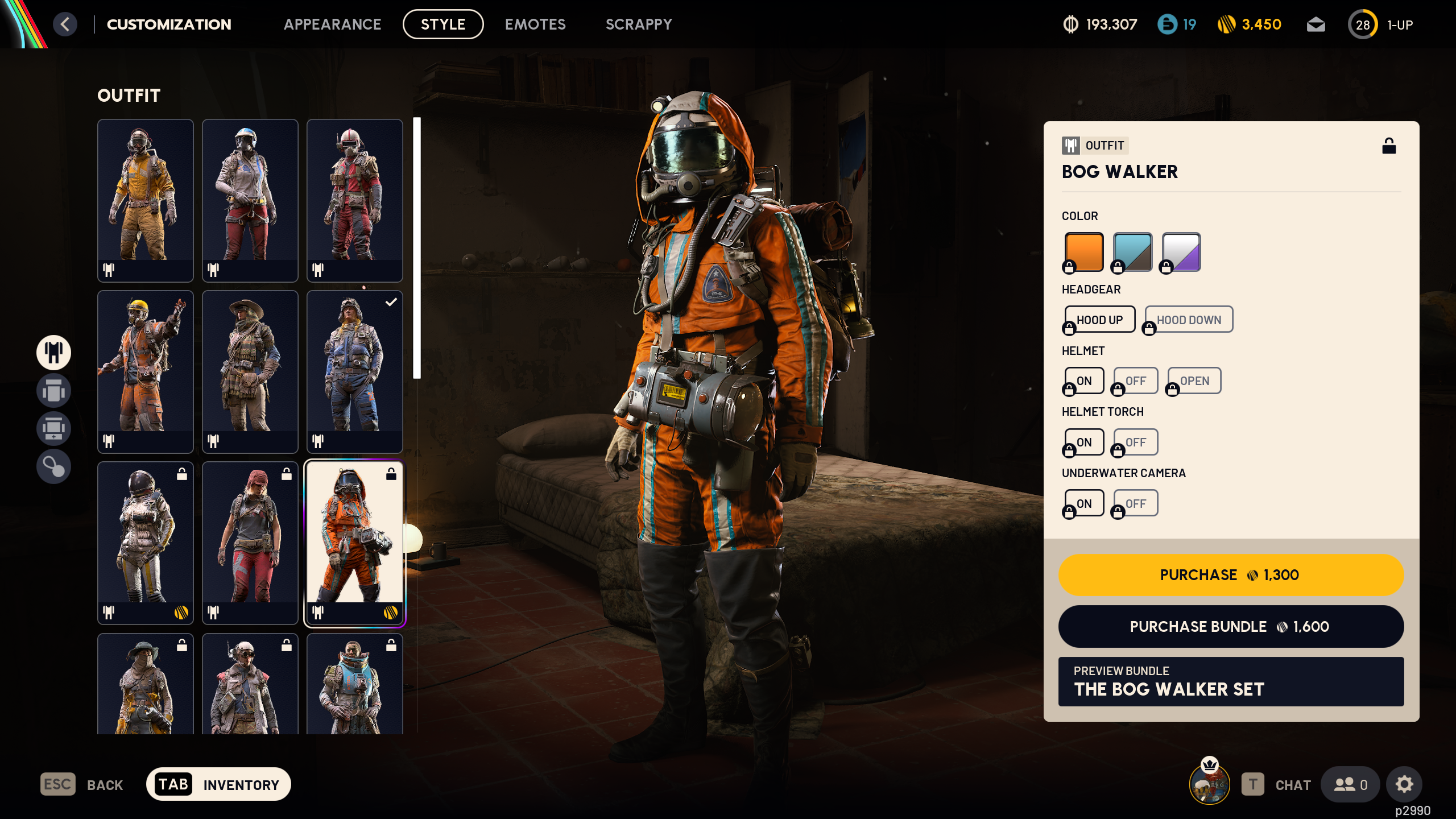 Arc Raiders cosmetics: The Bog Walker outfit in the raider customisation menu.