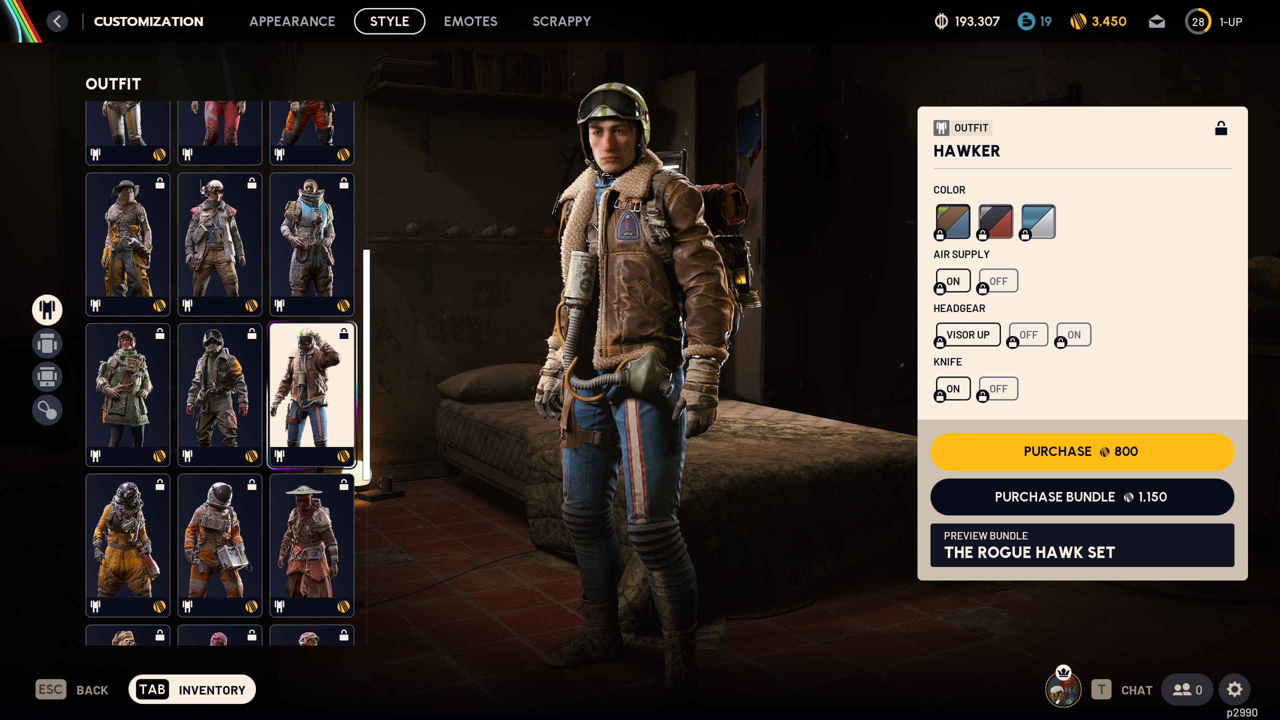 Arc Raiders cosmetics: The Hawker outfit in the raider customisation menu.